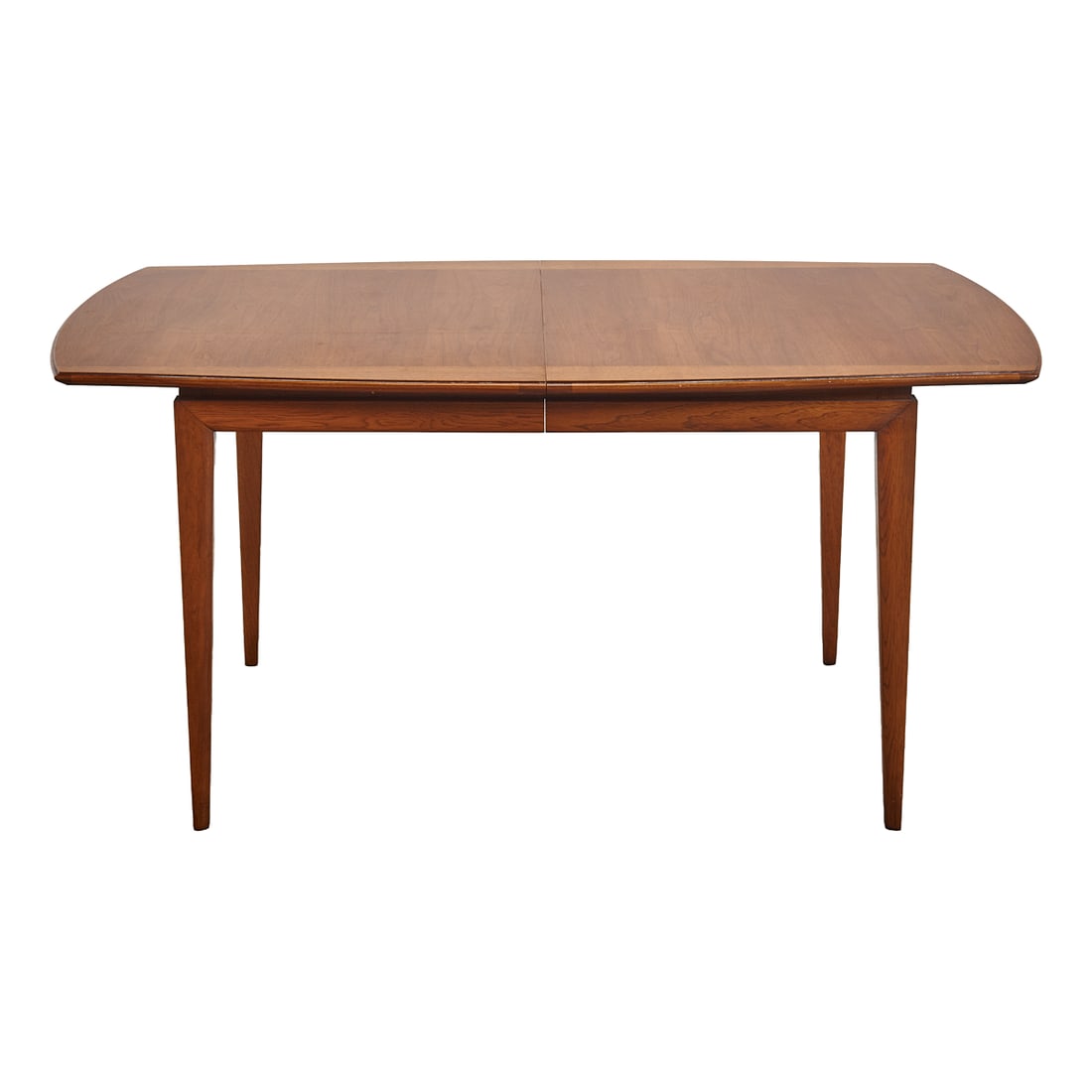 Mid Century Walnut Dining Table Attributed to Century: Mid Century Walnut Dining Table, attributed to Century Comprising rounded rectangular walnut table with lighter toned border to two sides, faceted tapered legs,and three leaves. Stencilled to undersid