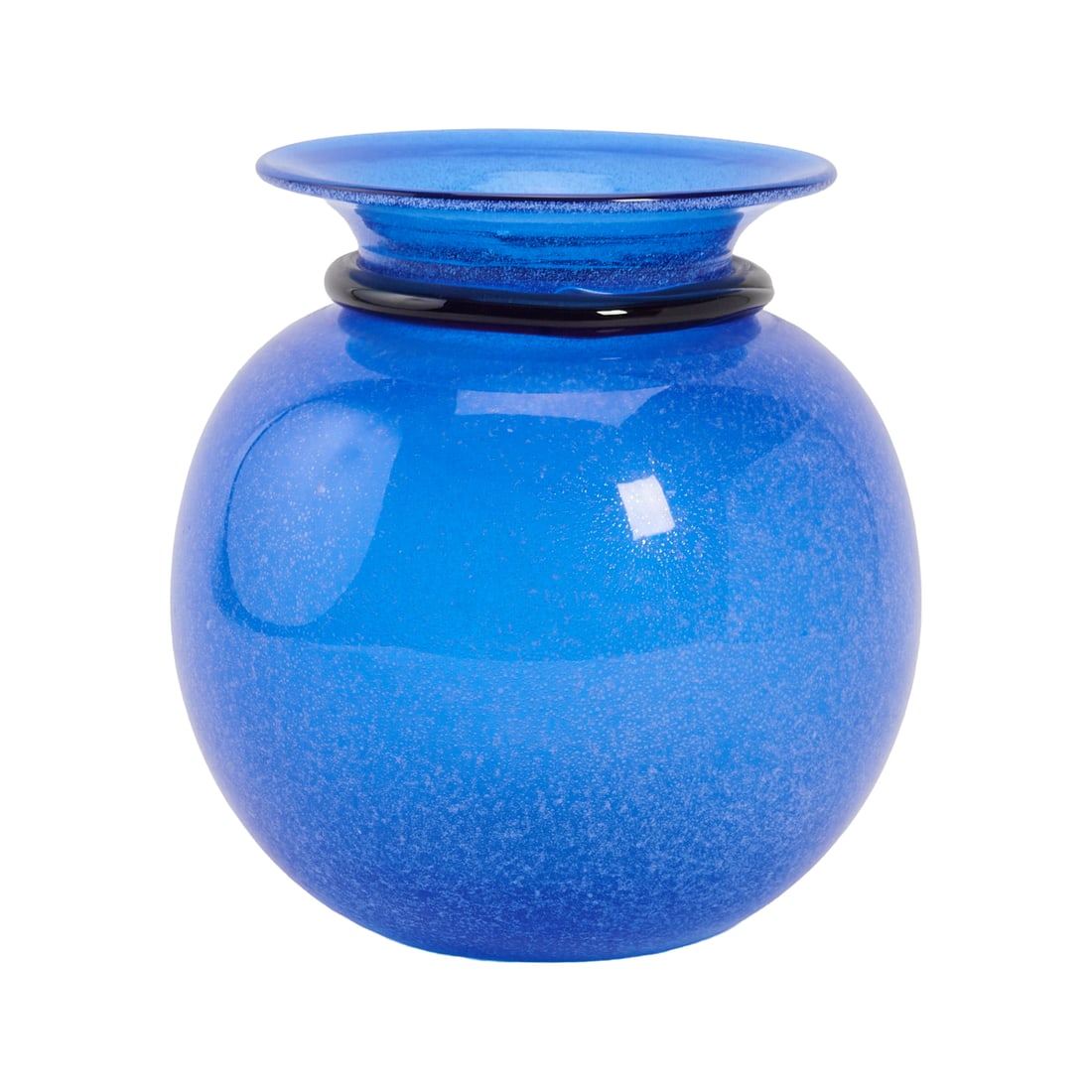 Fabio Tosi Glass Vase: Fabio TosiGlass Vase, of globular form, theblue body with everted rim, short neck, and solid black collar, with iridescent gilt bullicante patternEtched to the underside with Fabio Tosi / ARS Cenedese