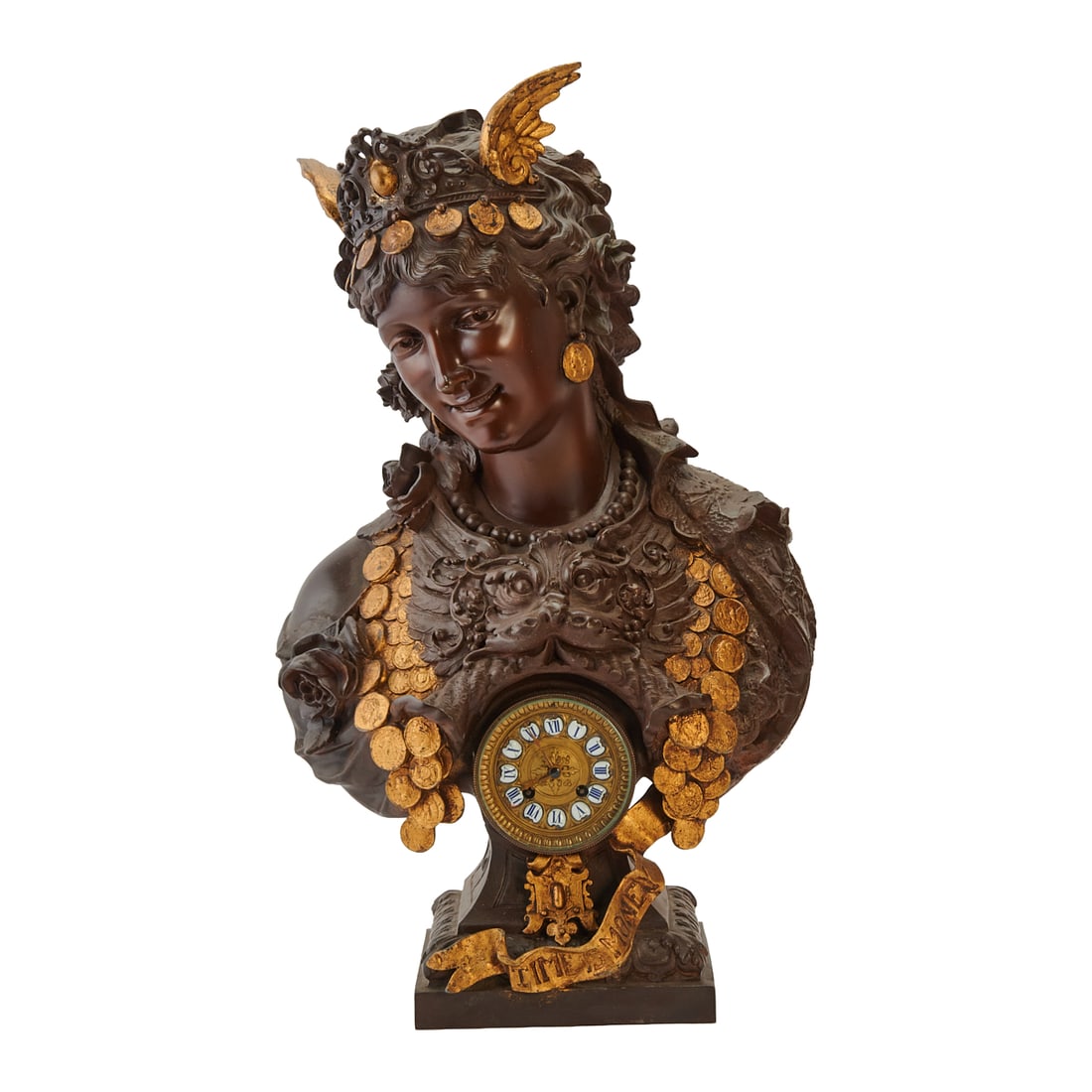 After Max Arthur Waagen "Time Is Money" Figural Clock: After Max Arthur Waagen "Time Is Money" Figural Clock. Arthur Waagen (1833-1898). Patinated and painted spelter Orientalist Bust of an Ottoman Gypsy Woman, with coin tiara and lapels, inset with a