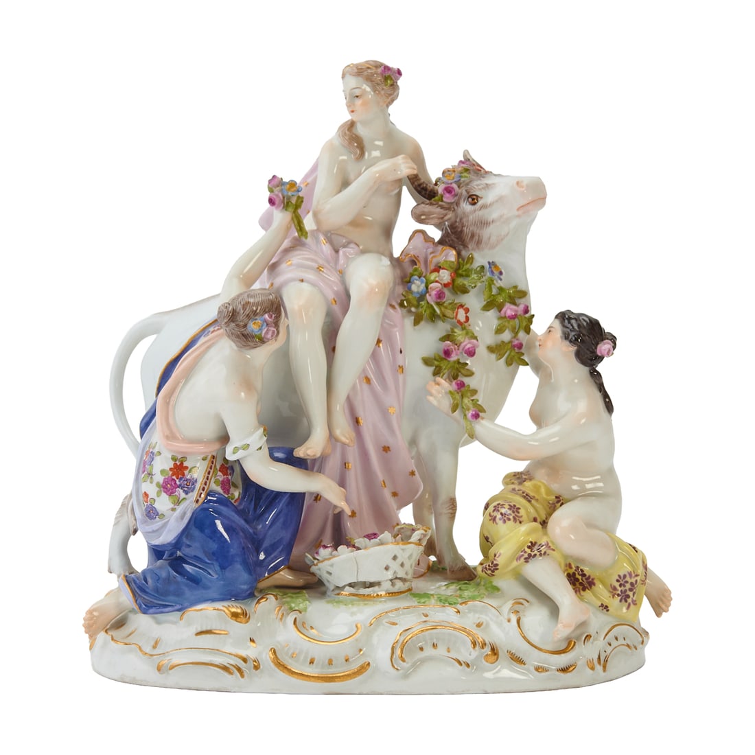 Meissen Porcelain Figure of Europa and the Bull: Meissen Porcelain Figure of Europa and the Bull, after an original model by Johann Friedrich Eberlein, the figure mounted on the bull, garlanded with floral swags, with two attendants below, all on a
