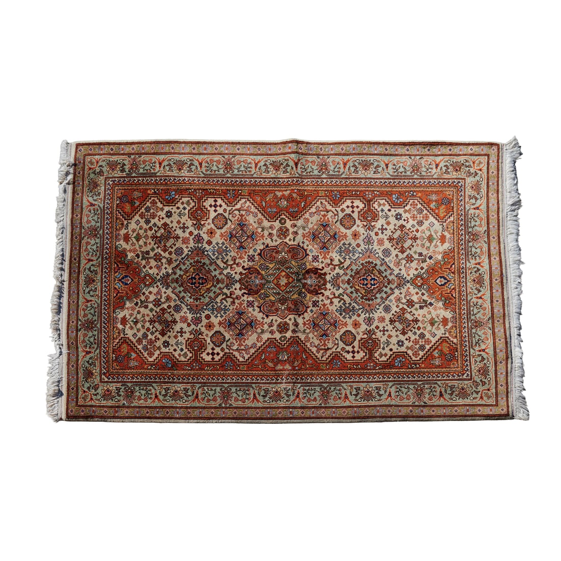 Indo Persian Tabriz Rug: Indo Persian Tabriz Rug, woven with many colored threads of wool, and cotton,with lobed medallions on soft orange colored field, and primary field bracketted by double and single guard band borders,