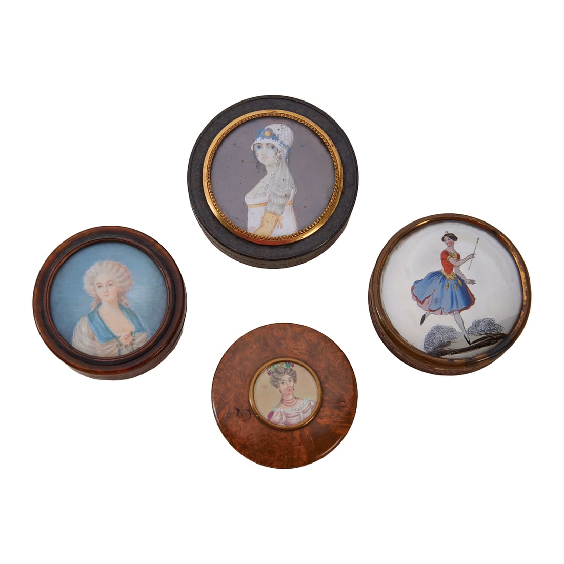 Four Cylindrical Boxes Inset with Portraits of Women: Four Cylindrical Boxes Inset with Portraits of Women, one with gilt metal band, and glass top, eglomise with a ballerina, and tooled leather sides, one of burled wood, with painted over print of a
