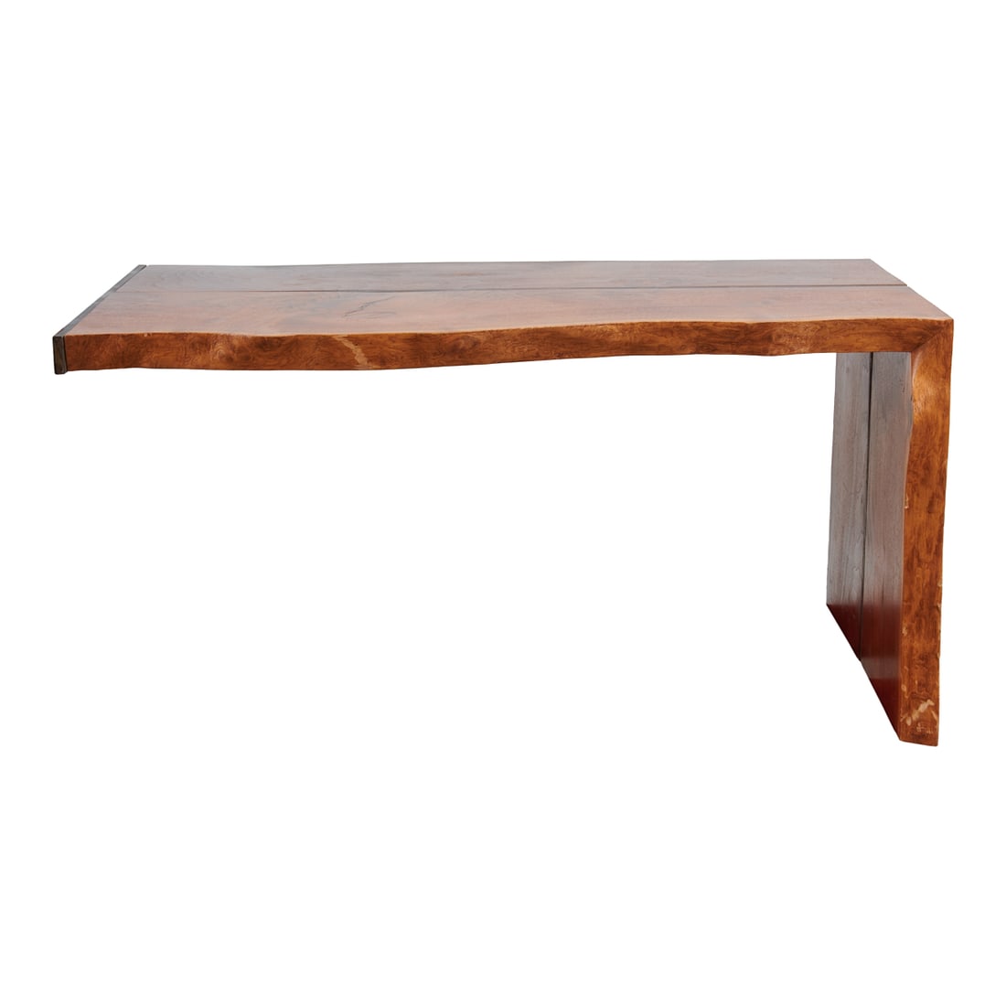 Contemporary Redwood Live Edge Counter: Contemporary Redwood Live Edge Counter, one end and one with flat edges for wall mounting, outerfacing edge natural and irregular, rough{Approximate dimensions: 30" high x 60 5/8" wide with framing x