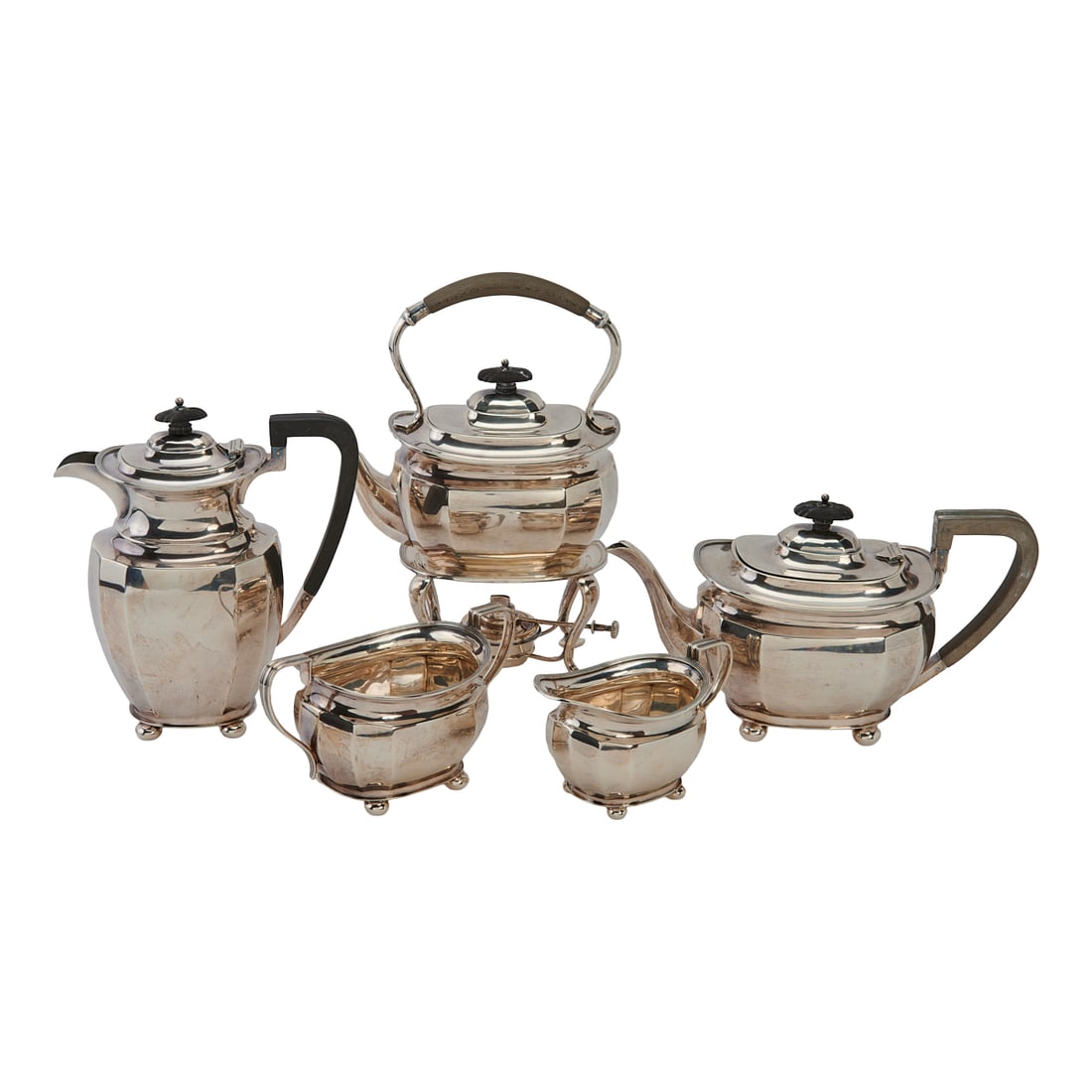 Atkins Brothers Assembled Sterling Silver Tea and Coffee Service: Atkins Brothers Assembled Sterling Silver Tea and Coffee Service Comprising coffee pot, teapot, hot water kettle on stand with burner, cream jug, and two handled open sugar bowl, all of paneled form,