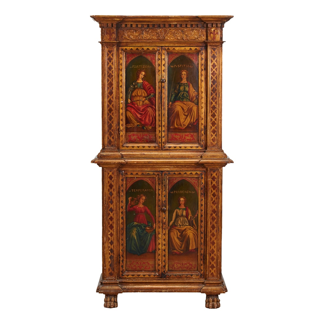 Italian Renaissance Style Painted Cabinet: Painted Gilt Two Piece Cabinet, the blind doors painted with tempera, with four allegorical figures of women as Justice, Temperance, Fortitude and Providence, in a pseudo architectural giltwood