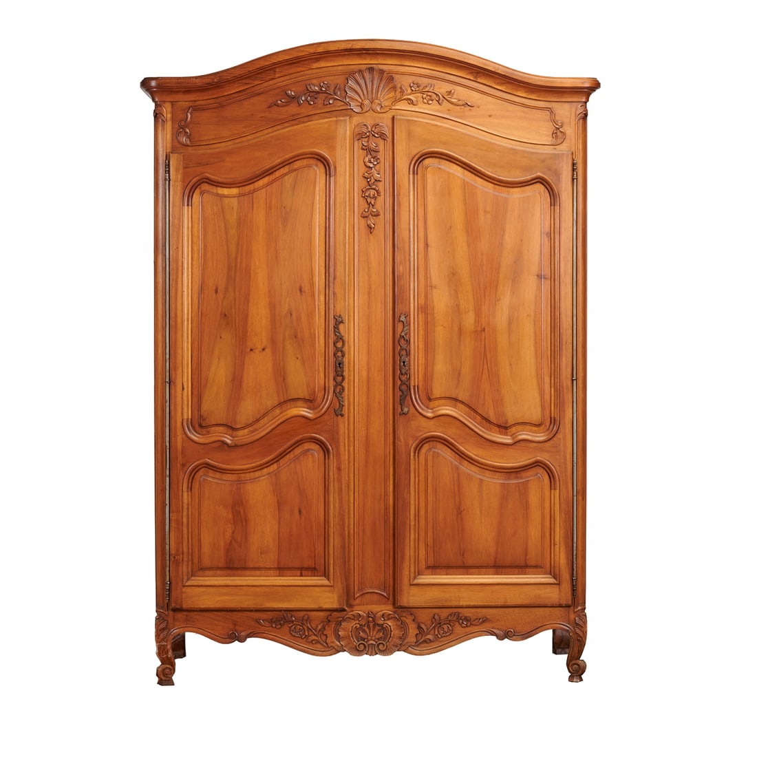 Louis XV Provincial Style Carved Walnut Armoire (Key at Front Desk): Louis XV Provincial Style Carved Walnut Armoire, stepped, arched crest over shell carved applique to center, over carved, blind doors, over shell and foliate carved skirt, and cabriole legs. Lacking