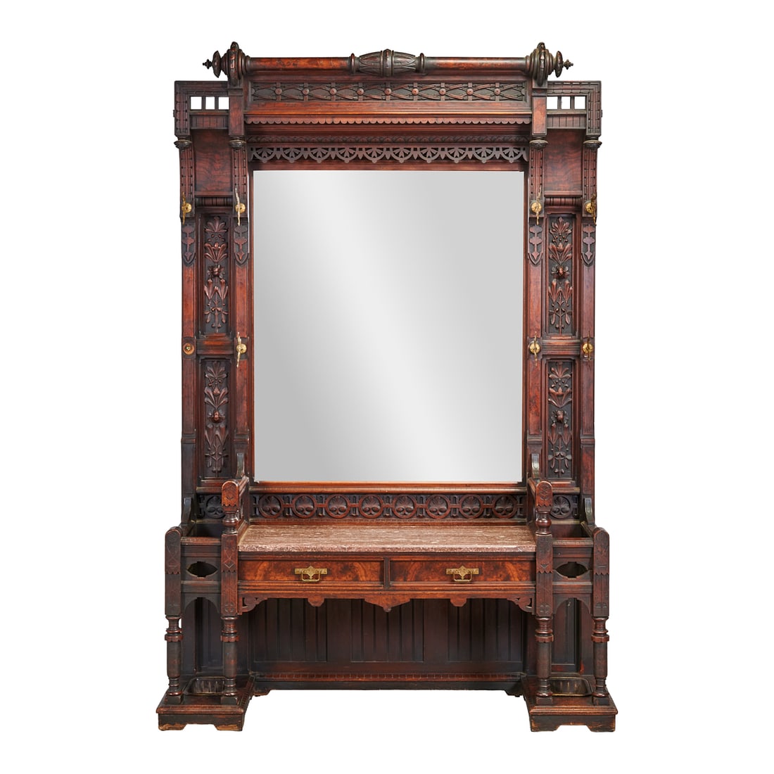Aesthetic Movement Mahogany and Oak Hall Stand and Hat Tree: Aesthetic Movement Mahogany and Oak Hall Stand and Hat Tree, mirror back under rail carved crest, and with gilt brass hooks to sides, the center seat over two shallow drawers, and with umbrella and