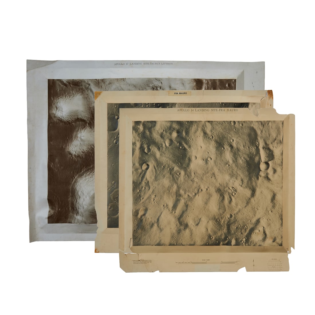 Topographical Maps of Apollo Mission Landing Sites: Topographical Maps of Apollo Mission Landing Sites Comprising three black and white topographical maps, featuring raised rectangular 3-D maps with edges tapering to flat borders, the latter with