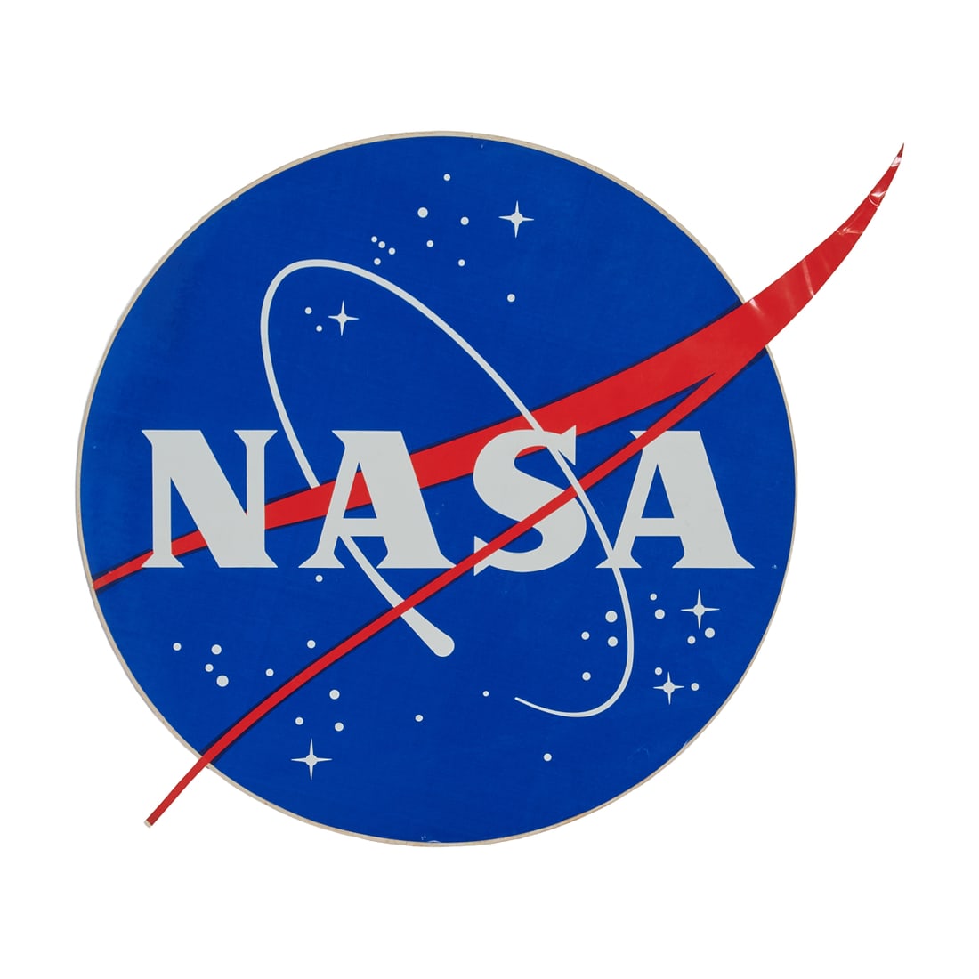 NASA Promotional Poster: NASA Promotional Poster Comprising glossy blue spherical poster with whiteNASA, constellations and open sphere design and red V shaped design, on white backingReverse with seam across sphereas made,