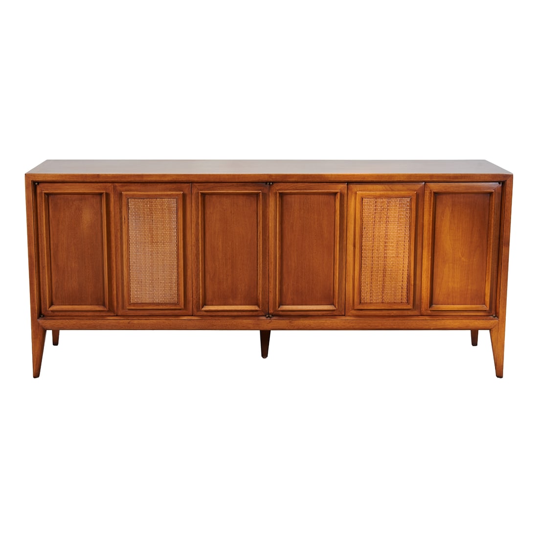 American Century Furniture Co Walnut Buffet Sideboard: American Century Furniture Co Walnut Buffet Sideboard, rectangular frame, front inset with two sets of three hinged blind doors, with araffia front between two chamfered doors, to center left, three