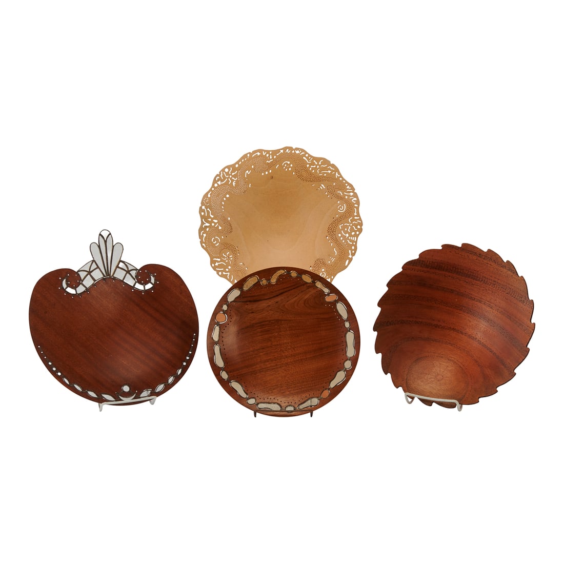 Four Melinda Fawver Carved Dishes, Two Inlaid with Glass: Four Melinda Fawver Carved Dishes: "Sapele", "Haystack", and unnamed examples labelled as Walnut and Box Elder. Each designed as a shallow foliate form, some with pierced or serrated edges, and two