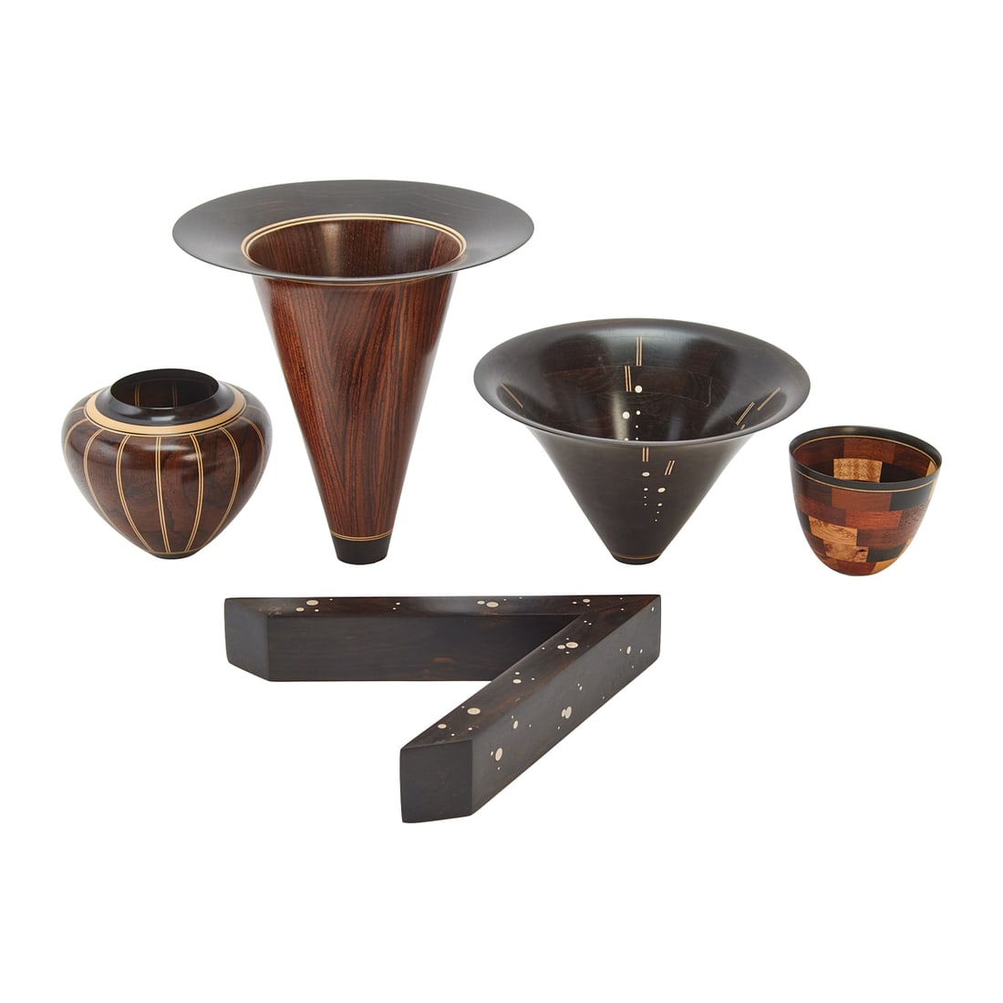 Bud Latven : Four Turned and Inlaid Vessels and a V Shaped Stand (1 of 8)