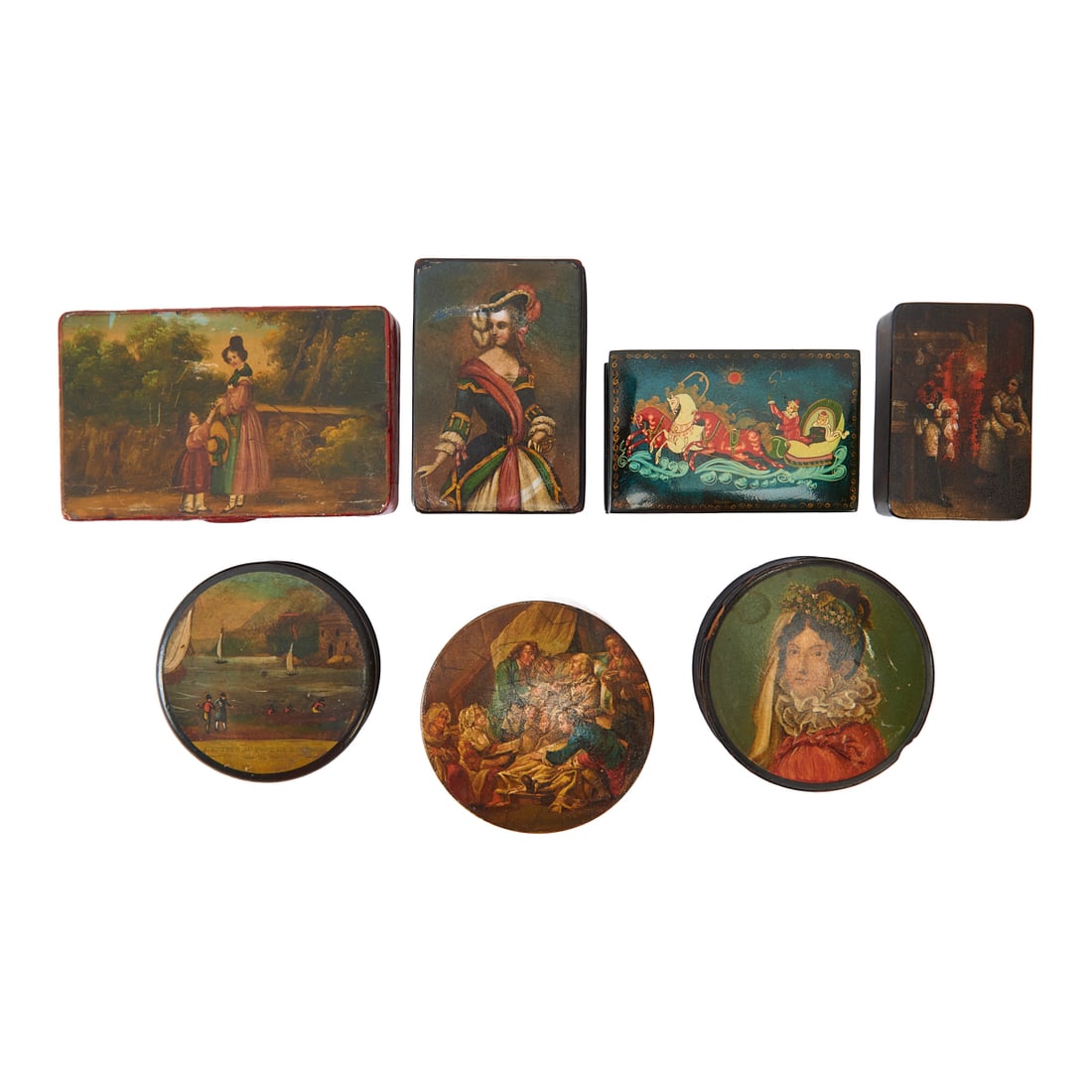 Seven Victorian and Later Painted Boxes, including Russian: Seven Victorian and Later Painted Boxes, including Russian with fanciful sleigh scene signed MCTEPH, a Victorian tin box, three round, of which one painted with a bedside scene of an ill man, with