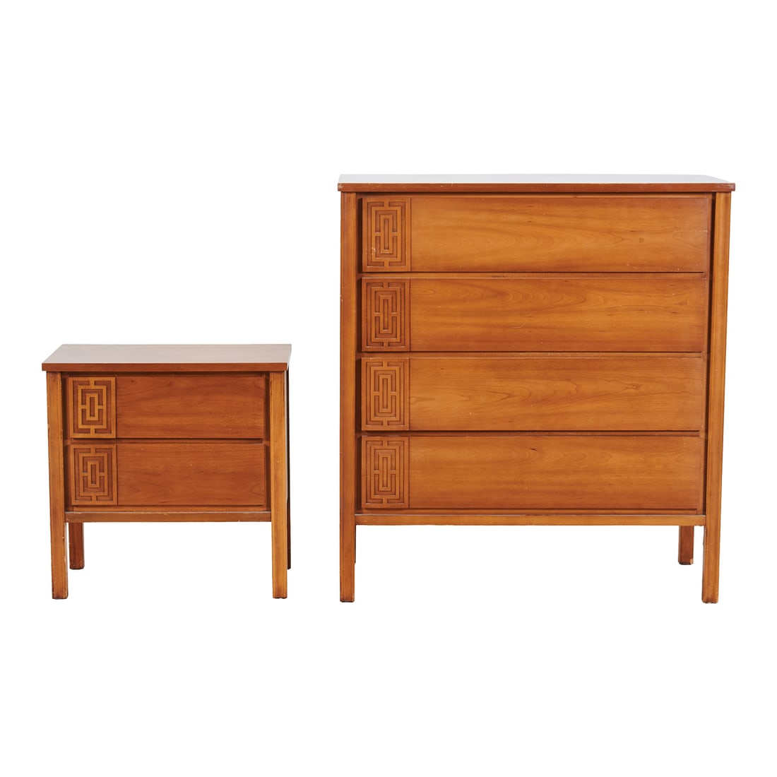 Dixie Mid Century Walnut Chest of Drawers and Nightstand: Dixie Mid Century Walnut Chest of Drawers and Nightstand Comprising walnut four drawer chest framed with concave vertical trim, drawer fronts embellished withlabyrinthine geometric designs, and