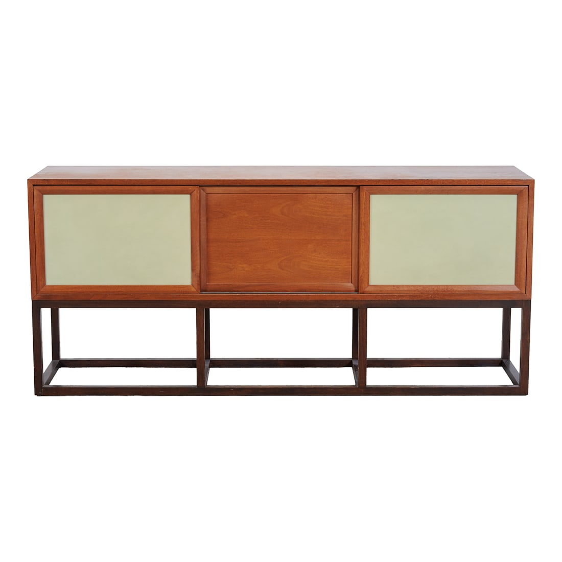 Sligh-Lowry Mid Century Entertainment Console: Sligh-Lowry Mid Century Entertainment Console, Walnut top overcast above three sliding doors, two with opaque pale yellow plastic doors, and one with walnut door. The doors revealing, to left side a