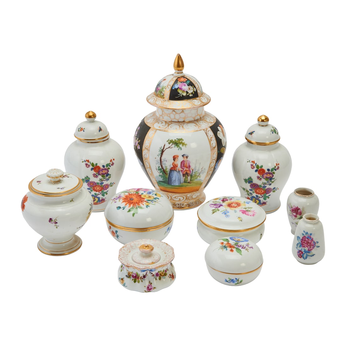 Collection of Meissen and Helena Wolfsohn Meissen Style Porcelain: Collection of Meissen and Helena Wolfsohn Meissen Style Porcelain, comprising a blue and white covered vase painted in Meissen style by Helena Wolfsohn, and by Meissen, a collection of tea caddies,