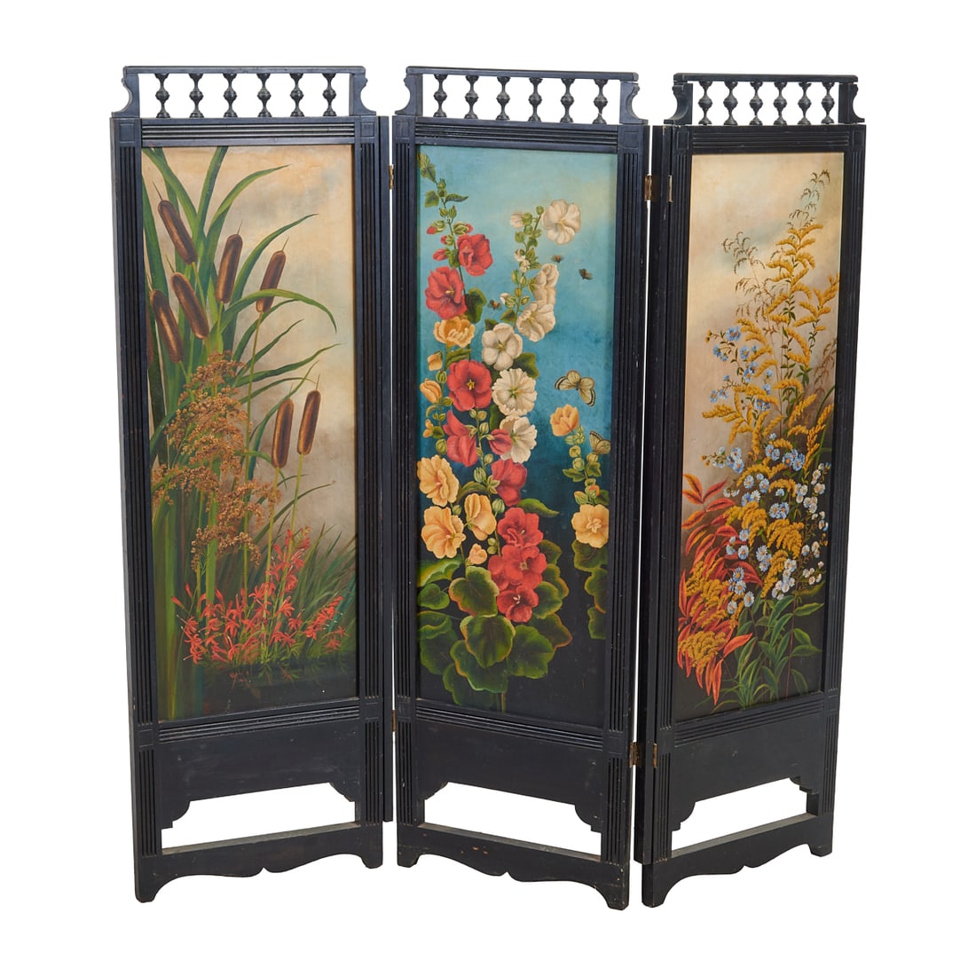 Victorian Ebonized Painted Three Panel Screen: Three Panel Screen, panels painted with floral, foliate, and cattail designs.{Approximate dimensions: 52" high x 16 1/2" wide per panel not including hardware.}.