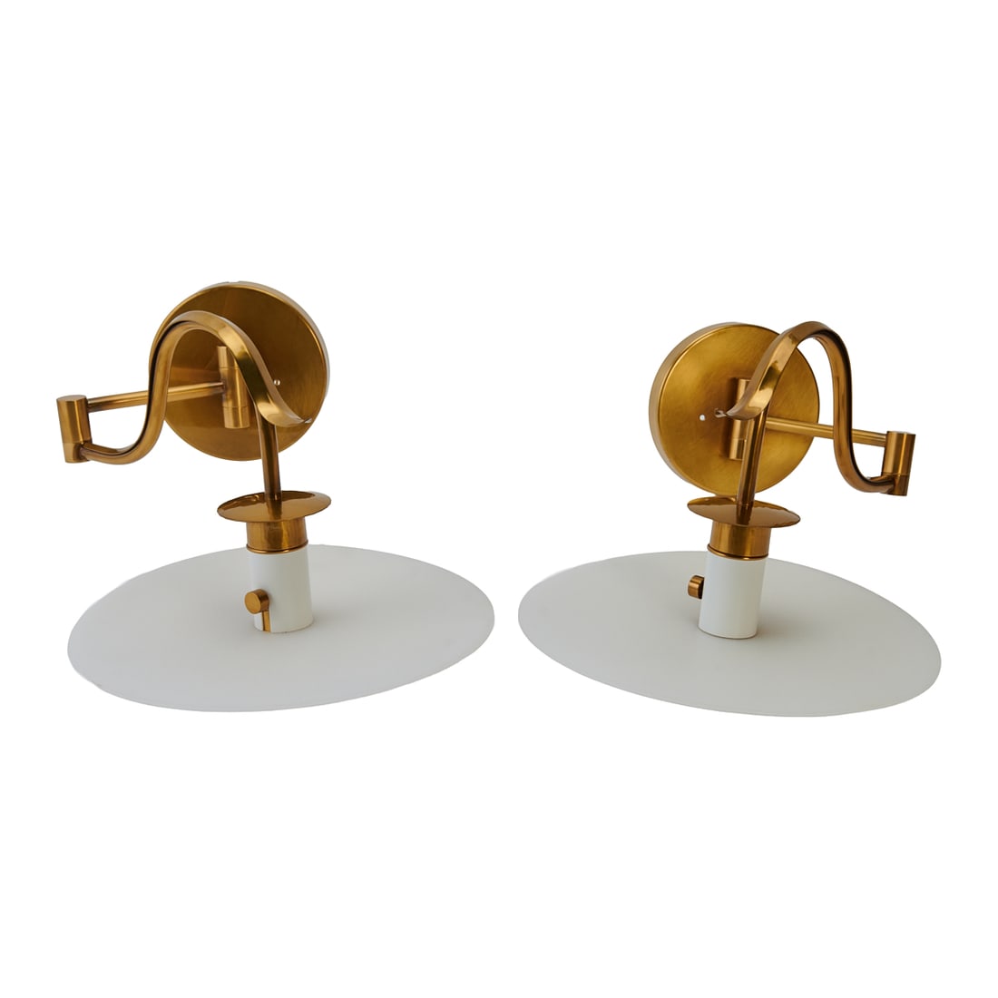 Pair of Casella Brass Swing Arm Sconces: Pair of Casella Brass Swing Arm Sconces, gilt brass and white fiberglass discs{Approximate dimensions: 11" H. x 17 1/2" D.}