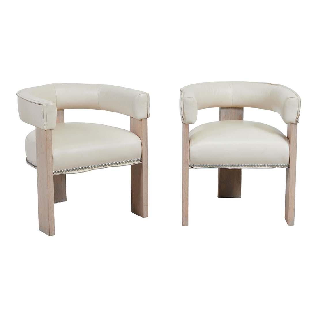 Five Contemporary Bleached Oak and White Leather Bucket Seat Chairs: Five Contemporary Bleached Oak and White Leather Bucket Seat Chairs.{Approximate dimensions: 27 1/2" high x 24" wide x 23" deep.}.