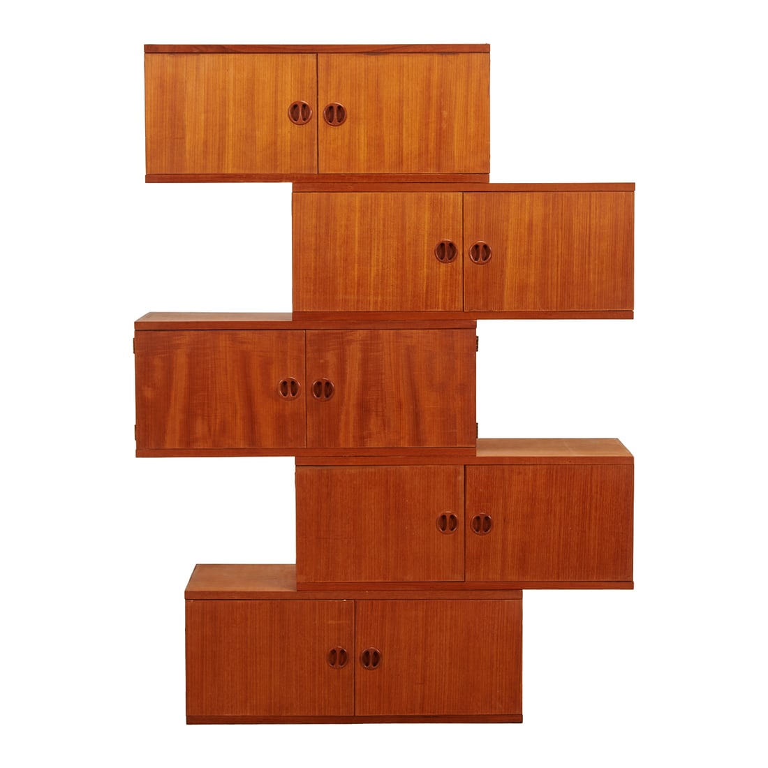 American Mid Century Teak Shelving Unit: American Mid Century Teak Shelving Unit, attributed to G-Plan, each rectangular unit with two blind doors inset to front centers with handles{Approximate dimensions: 10 3/4" H. x 32" W. x 12" D.}