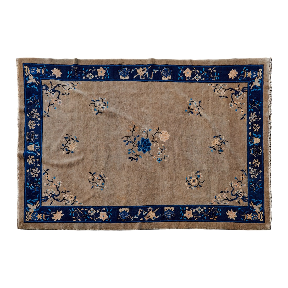 Chinese Nichols Style Carpet: Chinese Nichols Style Carpet, woven with wool and cotton, the taupe center field woven with stylized chrysanthemums in shades of pink, off white, blue, and ocher, the contrasting deep blue border