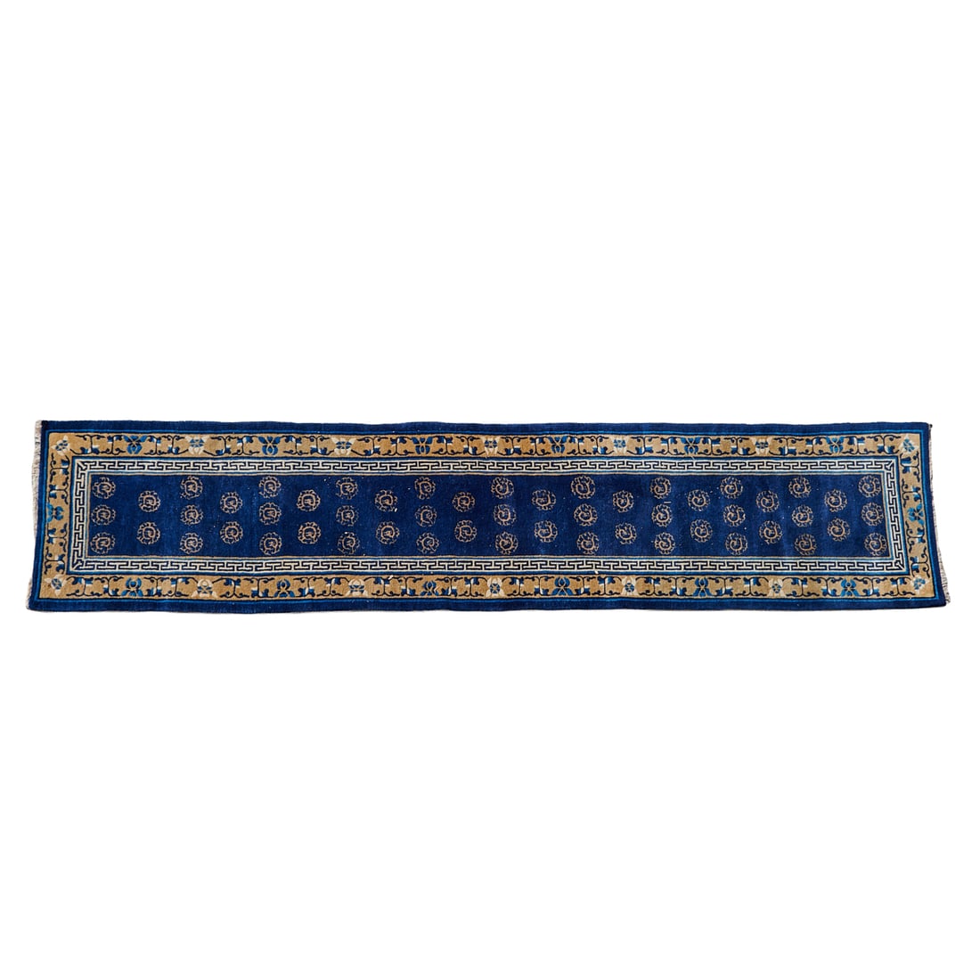 Chinese Nichols Style Runner: Chinese Nichols Style Runner, woven in blue off white, and black threads, the blue field with golden stylized mons, and with styled Greek key in black on off white, blue bands, and primary border of