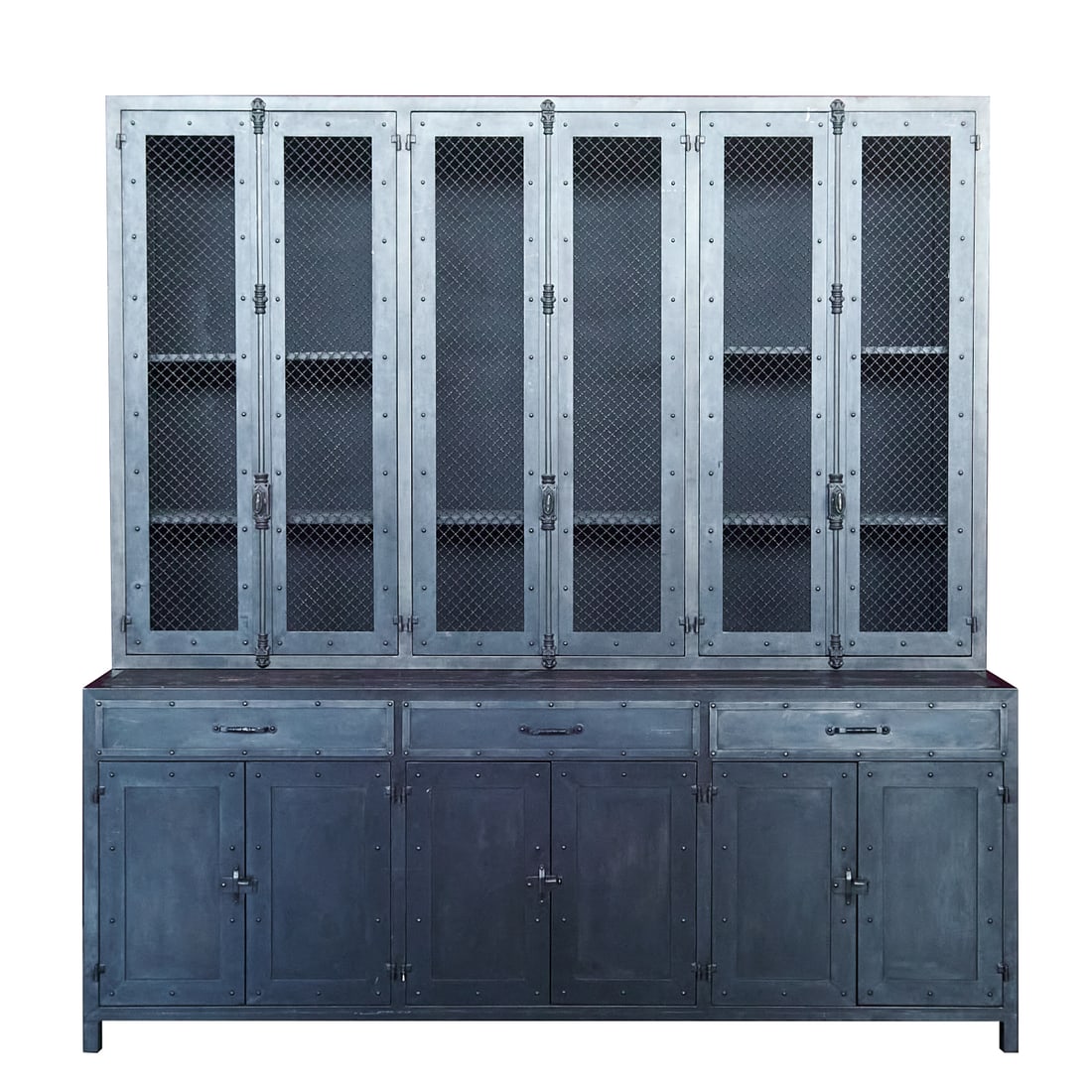 Two Piece Black Metal Wall Cabinet: Two Piece Black Metal Wall Cabinet, made in two sections, the top with three pairs of steel grate doors with steel hardward, the base with exaggerated grained stained wood inset to op, over three