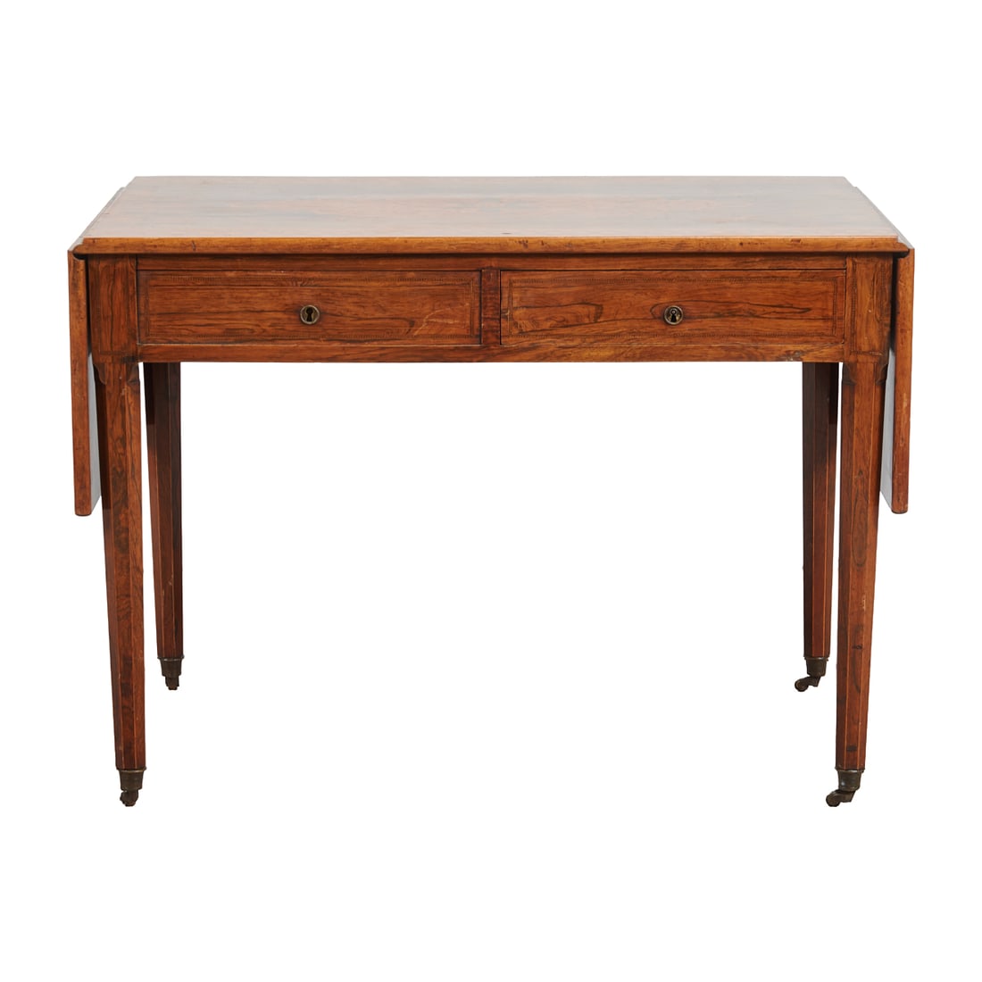 Louis XVI Style Inlaid Rosewood Convertible Table: Louis XVI Style Inlaid Rosewood Convertible Table, table top over two drawers and with drop leaves to sides, the top with parquet inlay in geometric Mooresque style, over straight, tapering legs.