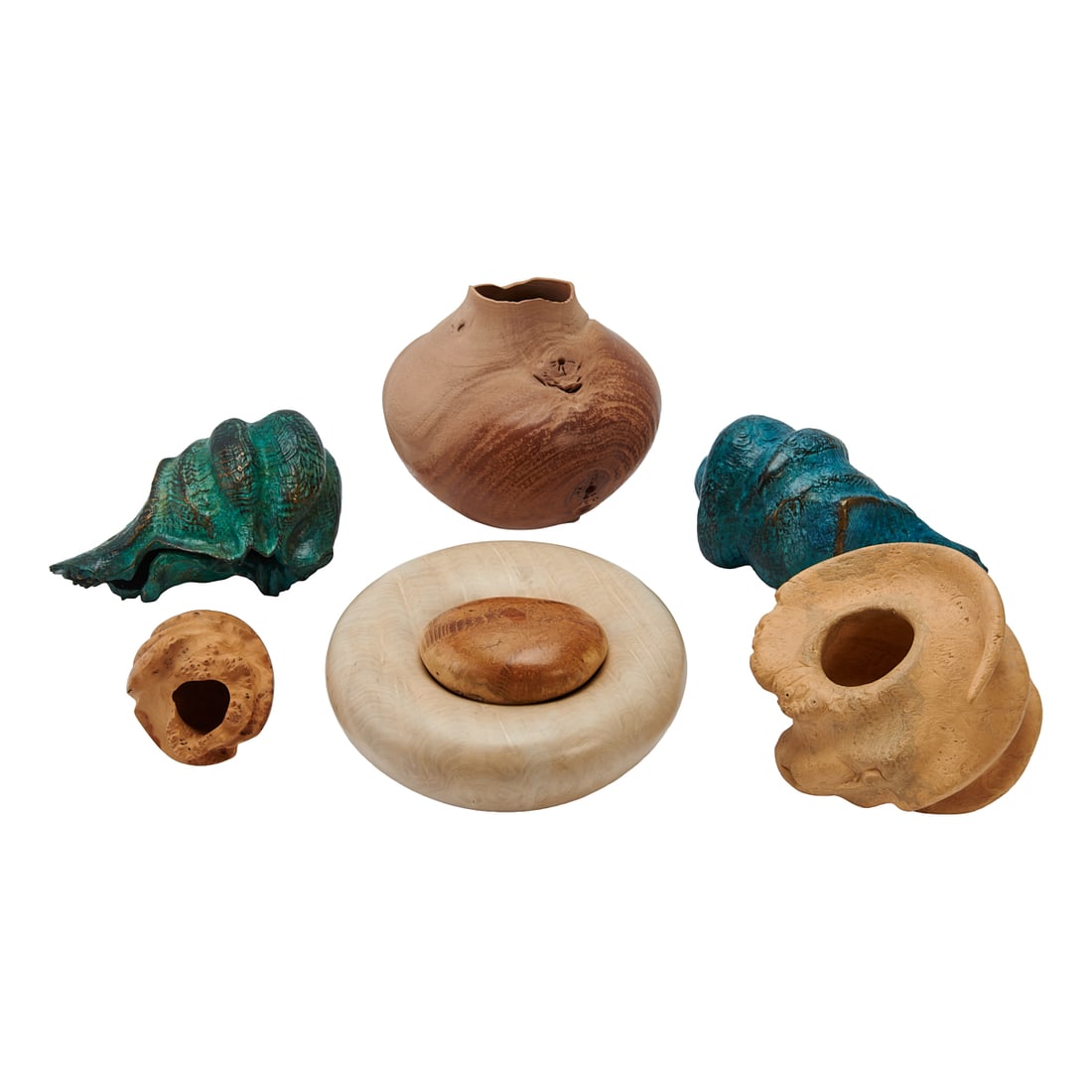 Michael Peterson Painted Bronze and Sculptural Wood Vessels: Michael Peterson Painted Bronze and Sculptural Wood Vessels, pair of blue painted cast bronze shells, bleached maple burl bowl, carved and sand blasted carob vessel, sand blasted Australian grass