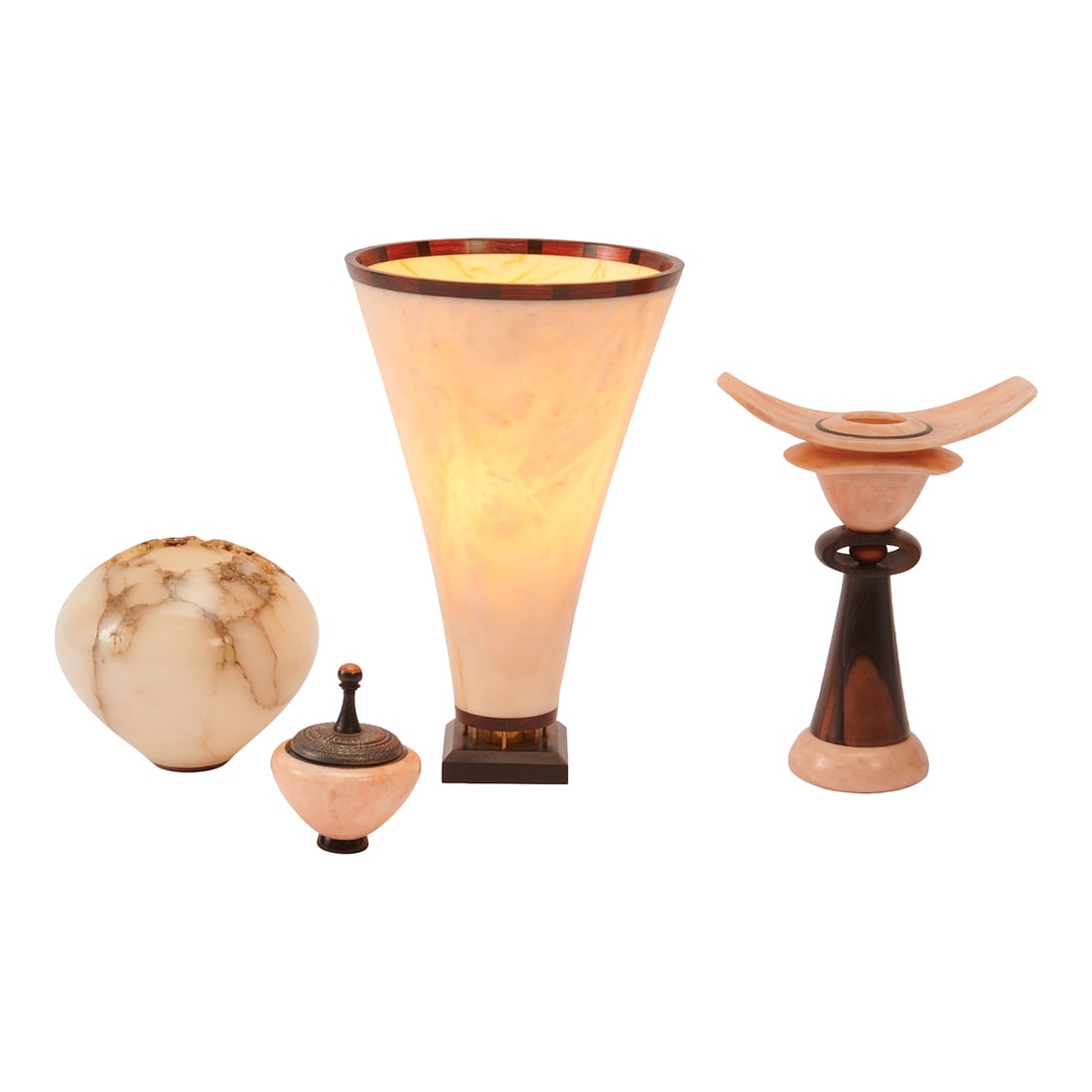 Four Turned Alabaster Sculptures: Four Turned Alabaster Sculptures, including a small lidded form and a vessel by Dennis Stewart and a lamp and a vessel, by Guy Michaels, both with additional elements of ebony, cocobolo, silver,