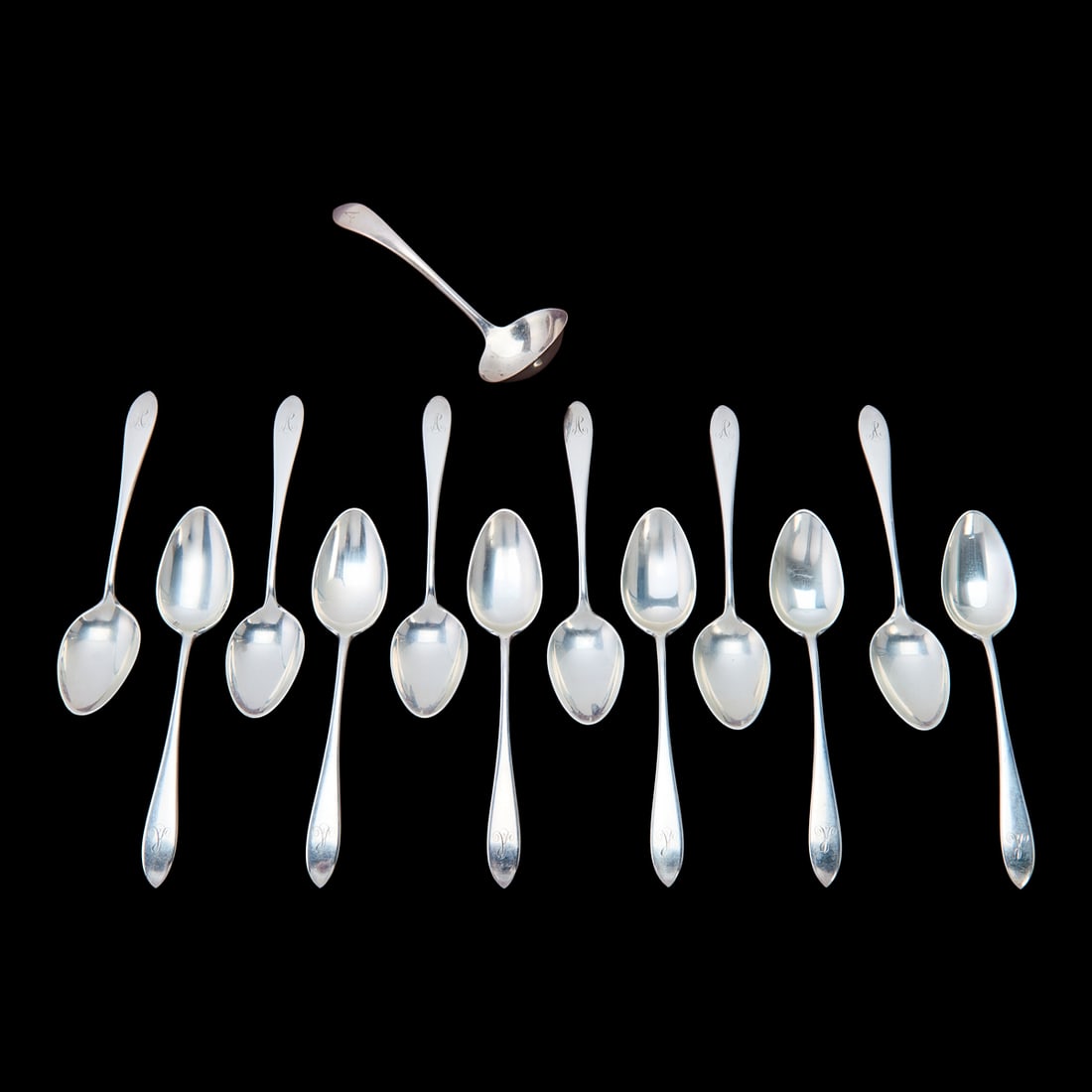 Gorham Sterling Silver Spoons and Small Ladle: Gorham Sterling Silver Spoons and Small Ladle Comprising 12teaspoons and one ladle Teaspoons marked to underside with BIGELOW, KENNARD & Co, T with diamond shaped surround, G and male symbol,