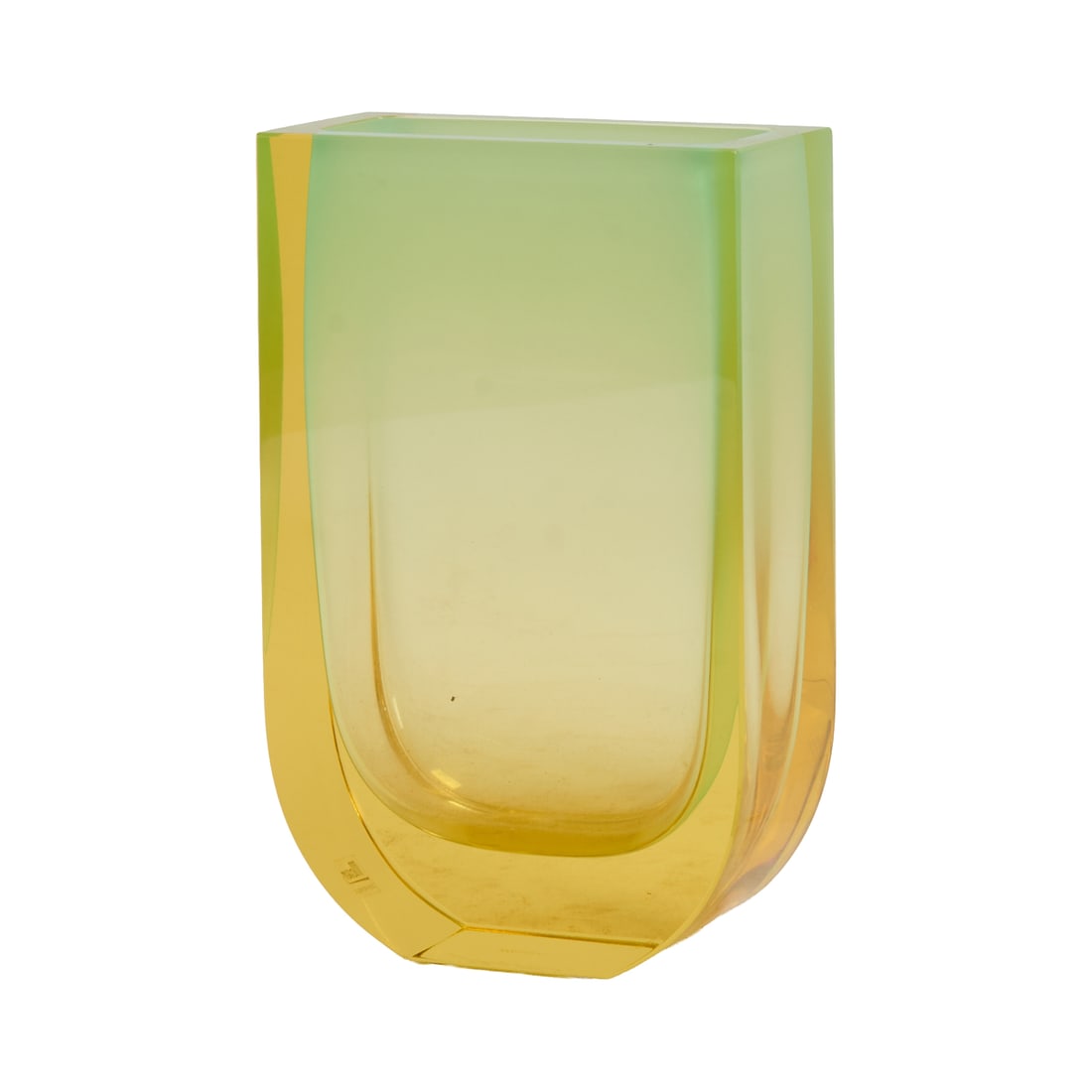 Moser Modernist Amber to Clear Glass Vase: Moser Modernist Amber to Clear Glass Vase U shaped vase with bright translucent amber glass framing cloudy to clear glass interior as made, with faceted edges, flat rim and base Underside with