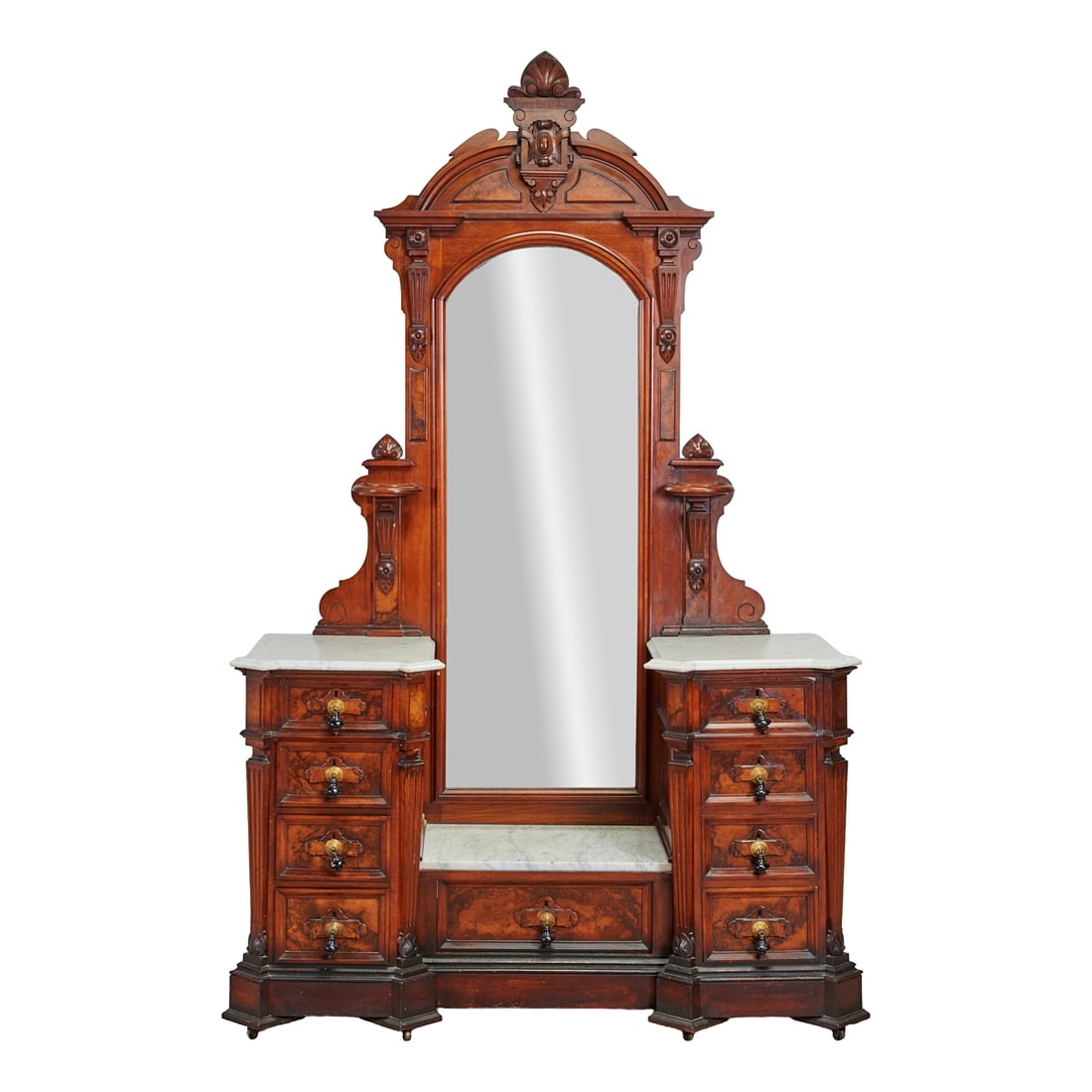 Victorian Eastlake Walnut Drop Center Dresser: Victorian Eastlake Walnut Drop Center Dresser, The arched mirror back with paired candle rests, the base made of raised side sections each with marble tops over four drawers, with drop center over