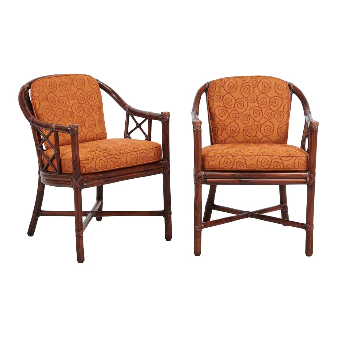 Set of Four McGuire Rattan Dining Armchairs with Orange Cushions: Set of Four McGuire-Style Rattan Dining Armchairs with Orange Cushions.{Approximate dimensions: 31" high x 23 1/2" wide and deep.}