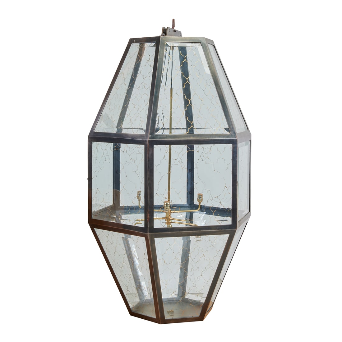 Large Hexagonal Hanging Light Fixture: Large Hexagonal Hanging Light Fixture, an oversized version of a Louis XIV style coachman's lamp, with steel frame and gilt-decorated glass panes enclosing a tubular brass six light pendant lamp