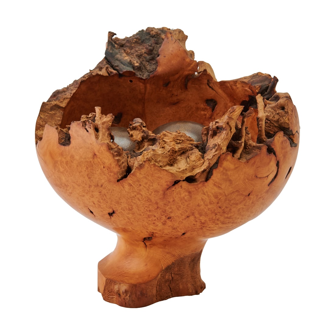 William Moore "Kuklos" Sculptural Vessel with Bronze Pod: William Moore "Kuklos "Sculptural Vessel, with Bronze and Live Edge Woods, made of rhododendron burl and with paired globular bronze seed pod to interior{Approximate dimensions: 14" H. x 14" W. x 11"