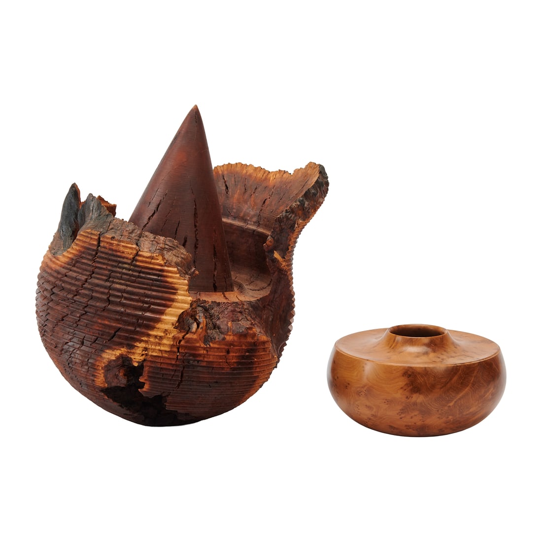 Two Christian Burchard Turned Vessels: Two Christian Burchard Turned Vessels, comprising "Dancing the Sky," a manzanita live edge vessel with pointed interior turned center, plus another vessel of spalted mapleChristian Burchard (Germany,