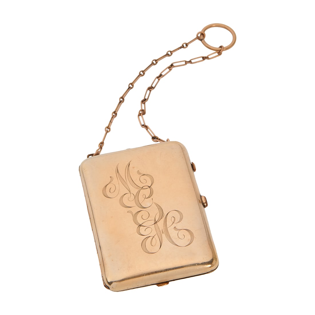 Foster and Bailey Gold Plate Coin and Cosmetics Case: Foster and Bailey Gold Plate Cosmetics Case, with chain on loop, and turquoise inset button release. Cover engraved "MCH." Marked F and B to interior, rim, to one side, dime and nickel dispensers,