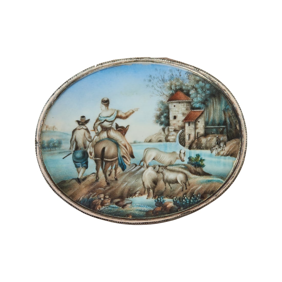 Fine Continental Silvered Box with Painted Rural View: Fine Continental Silvered Box with Painted Rural View. {Approximate dimensions: 1 3/16" high x 2 7/8" wide x 2 1/4" deep.}.