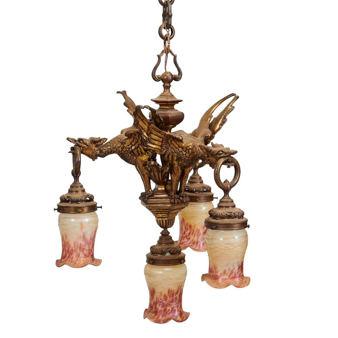 Japonesque Gilt Metal Five Light Chandelier: Japonesque Gilt Metal Five Light Chandelier,formed as interlocking dragons,their wings upstretched above and below the central body of the light fixture,the dragons with rings from the open mouths,