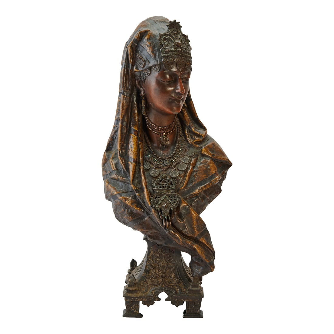 Pair of Orientalist Patinated and Painted Spelter Busts: Pair of Orientalist Patinated and Painted Spelter Busts, modeled after Ottoman figures. Circa 1900.{Approximate dimensions: 29" H., over all.}.