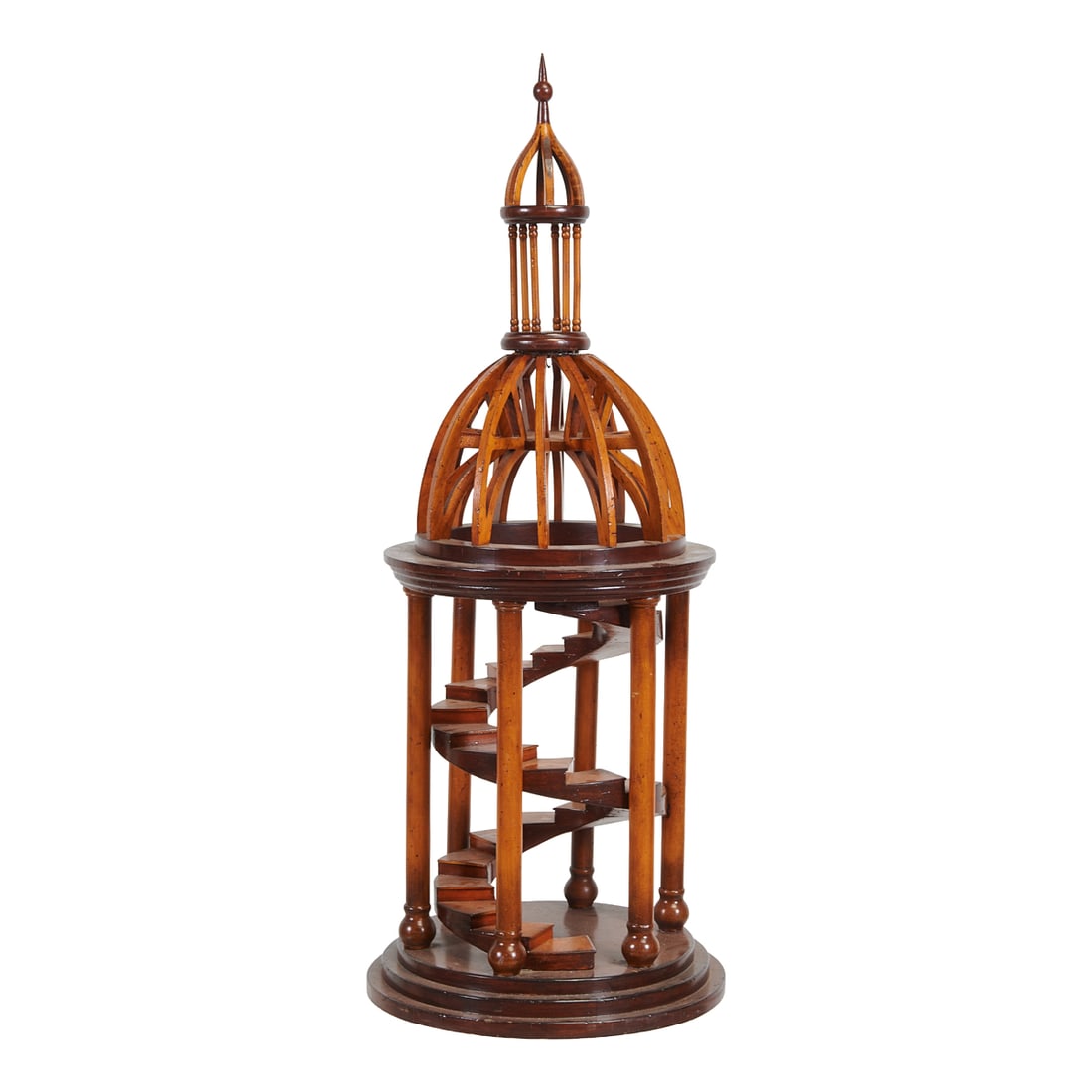 Modern Maple, Oak and Mahogany Architectural Staircase Model with Dome: Modern Maple, Oak and Mahogany Architectural Staircase Model with Dome. {Approximate dimensions: 35 1/2" high x 14" diameter.}.