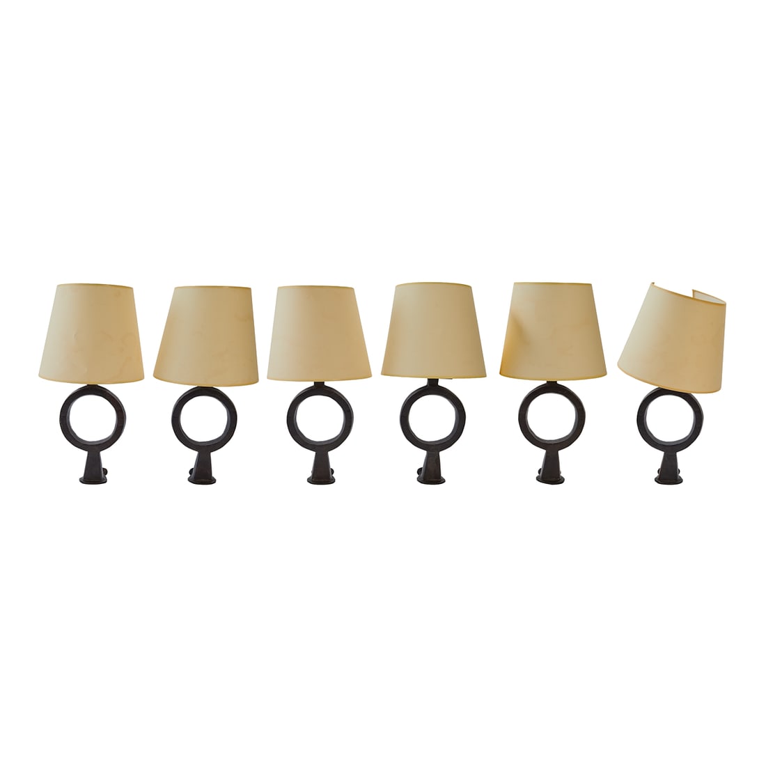 Set of Six Patinated Iron Ring Form Wall Sconces and Shades (1 of 3)