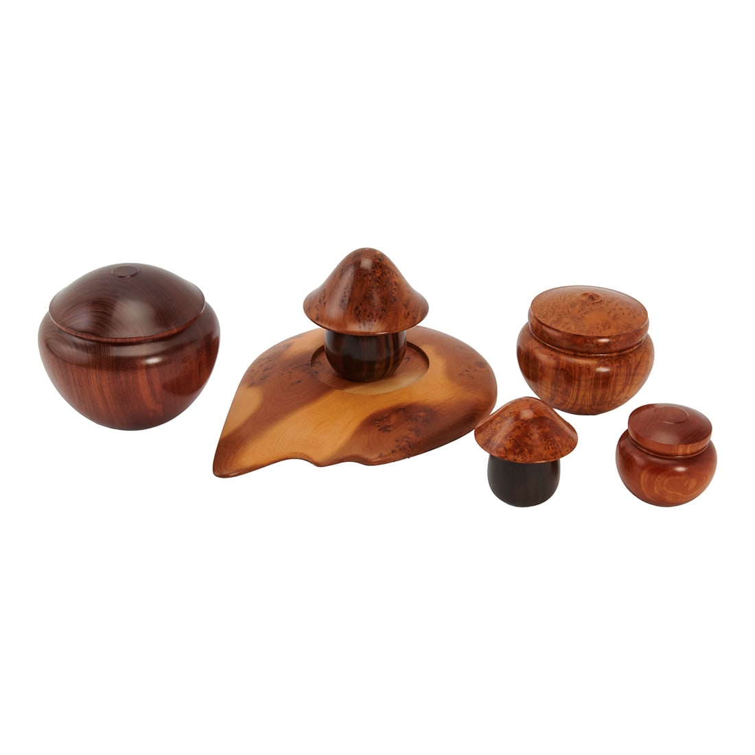 Collection of Bob Krauss Covered Bowls including Mushrooms on Shaped Base: Collection of Bob Krauss Covered Bowls including Mushrooms on Shaped Base, of purpleheart, tiger myrtle, myrtle, yew, etc. Signed to base undersides, "Bob Krauss," with various dates, and identifying