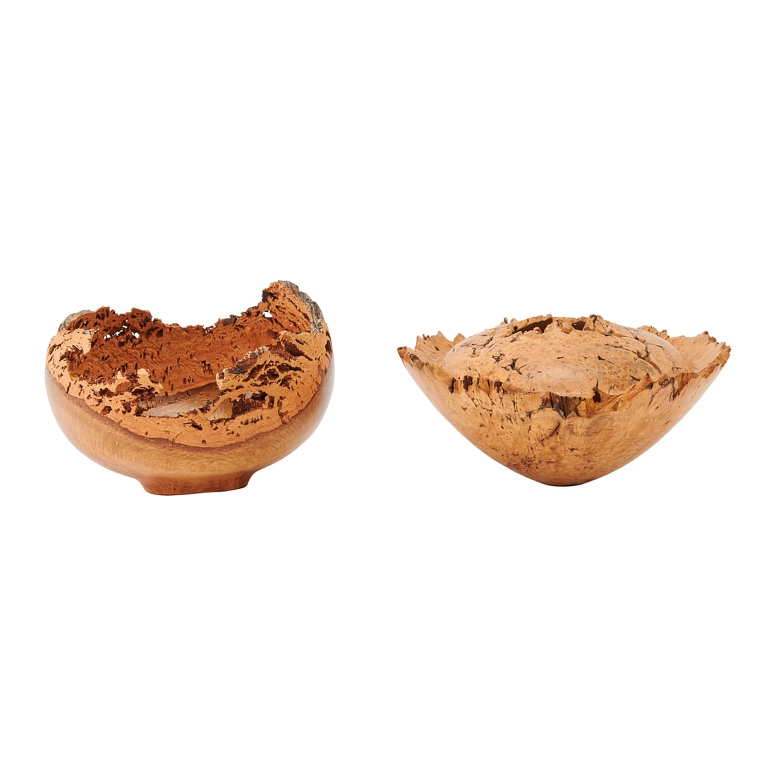 Two American Craft Burl Wood Vessels with Live Edges: Two American Craft Burl Wood Vessels with Live Edges, the first, a cork oak bowl by HowardLewin, and the second a vessel by Dennis Elliott, of big leaf maple burl. Incised with maker's names, seri