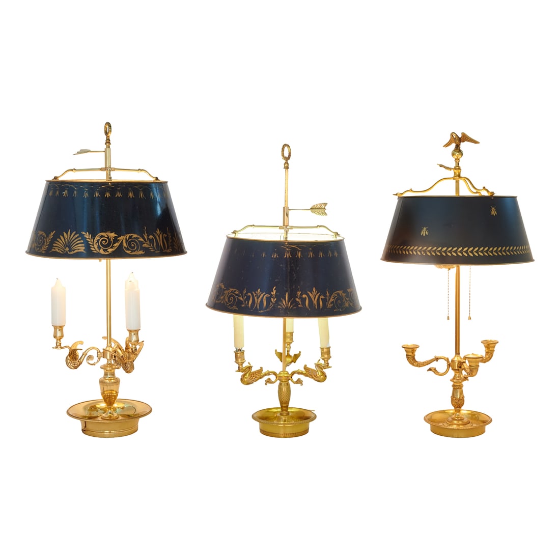 Three Gilt Brass Bouillotte Lamps with Tole Shades (1 of 7)