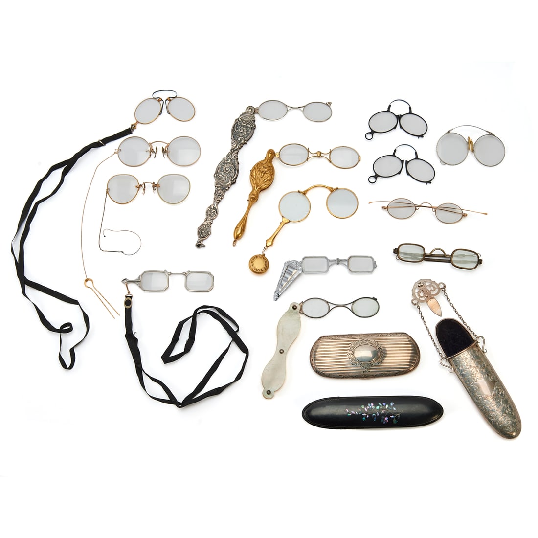 Collection of Antique and Vintage Sterling and Mother of Pearl Glasses: Collection of Antique and Vintage Glasses and Cases Comprising six pairs of foldout or pullout glasses with decorative handle, six pairs of pince nez withribbon loop, including three with chain or