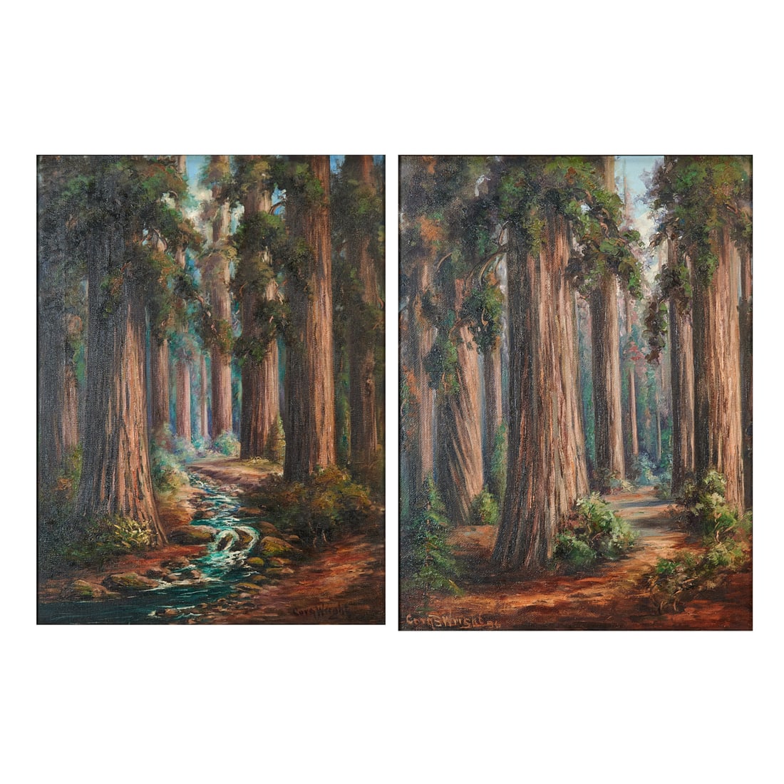 Cora Wright, California Redwoods, Two Oil Paintings: Cora Bernice Wright (American, 1868-1948) two oil paintings, including (i) Bull Creek, 1936, oil on masonite, signed and datedlower left; and (ii) Dinner Creek, oil on canvas,signed lower right;