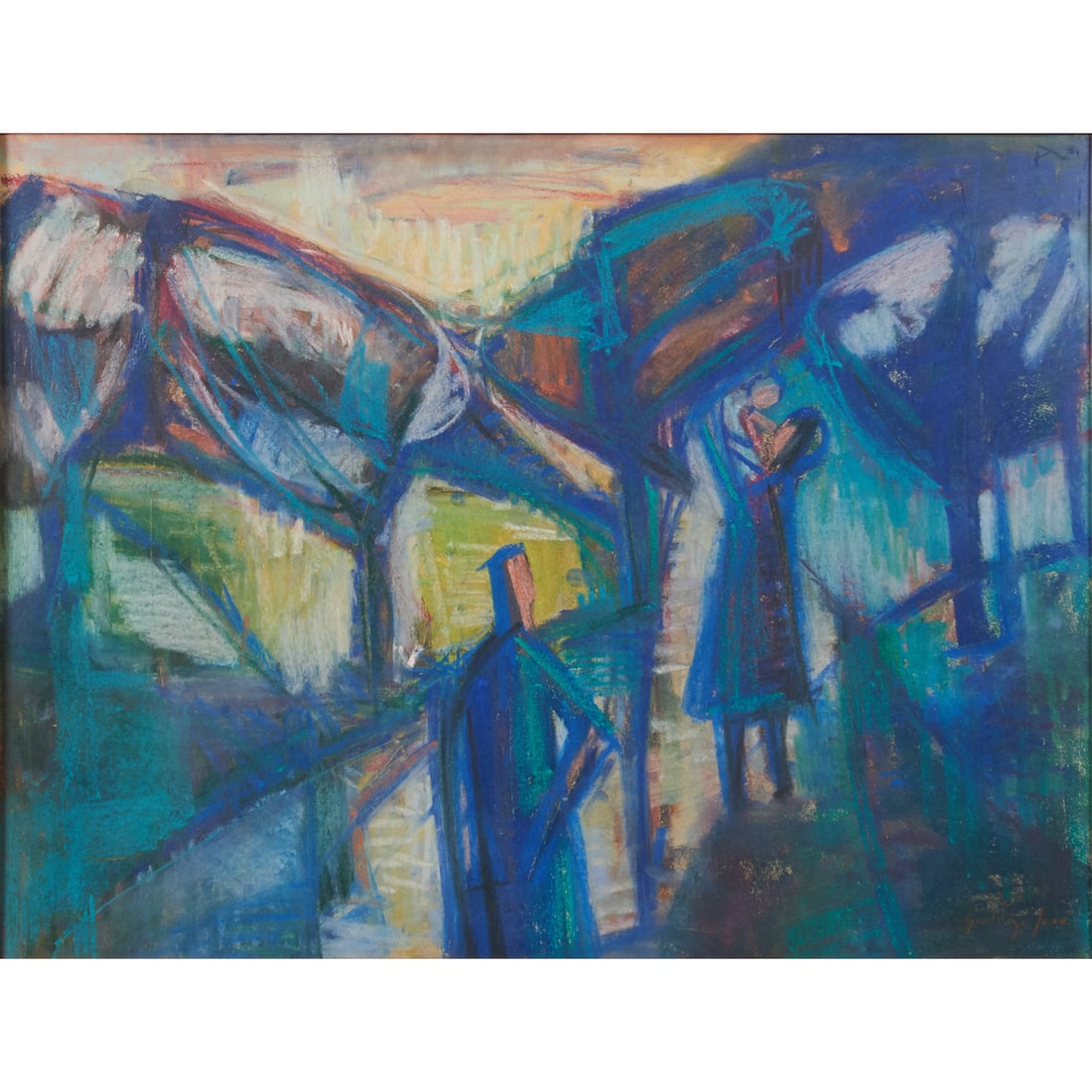 Jeno Gadanyi, Expressionist Landscape, Pastel on Paper: Jeno Gadanyi (Hungarian, 1896-1960), Landscape with Figures, pastel on paper,[approximate dimensions - sight: 18 7/8" H x 25" W], signed lower right.