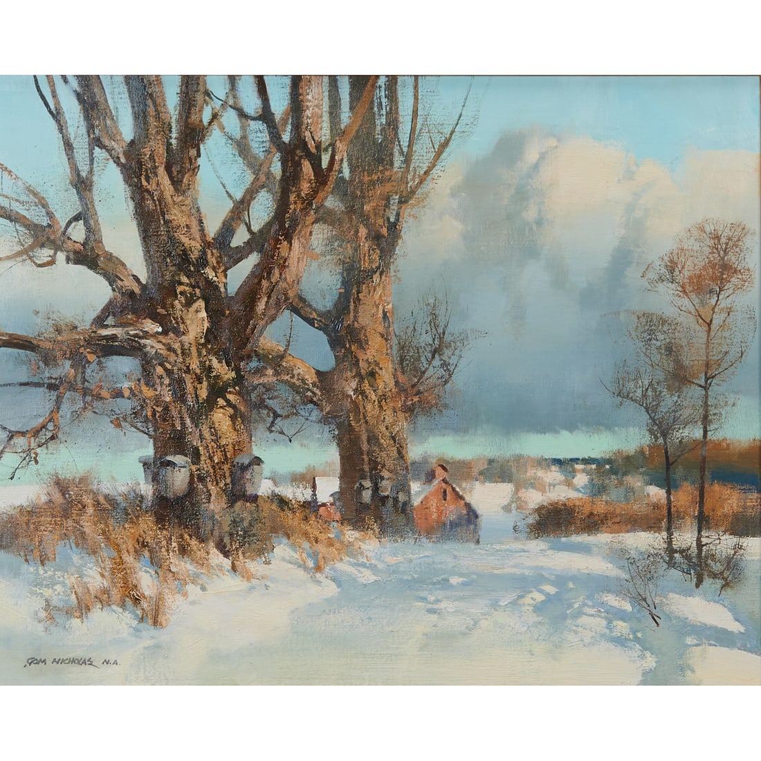Tom Nicholas, Winter Monarchs, Oil on Canvas: Tom Nicholas (American, born 1934), "Winter Monarchs," oil on canvas,[approximate dimensions - canvas: 16" H x 20" W], signed lower left; gallery label at verso.